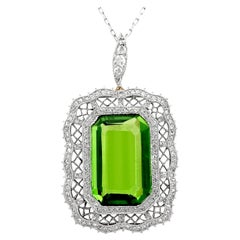 Antique 15.66 Carat Peridot and 1.65 Carat Diamond Yellow Gold Pendant