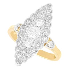 Bague habillée ancienne en forme de marquise en or jaune 18 carats et diamants 1,58 carat