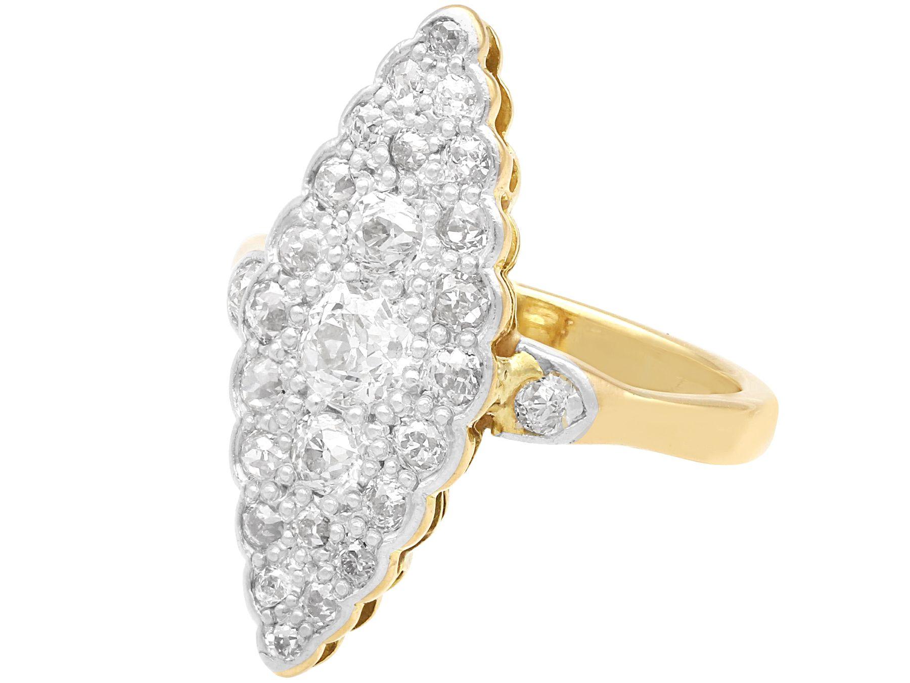 Old European Cut Antique 1.58 Carat Diamond and 18k Yellow Gold Marquise Shaped Dress Ring For Sale