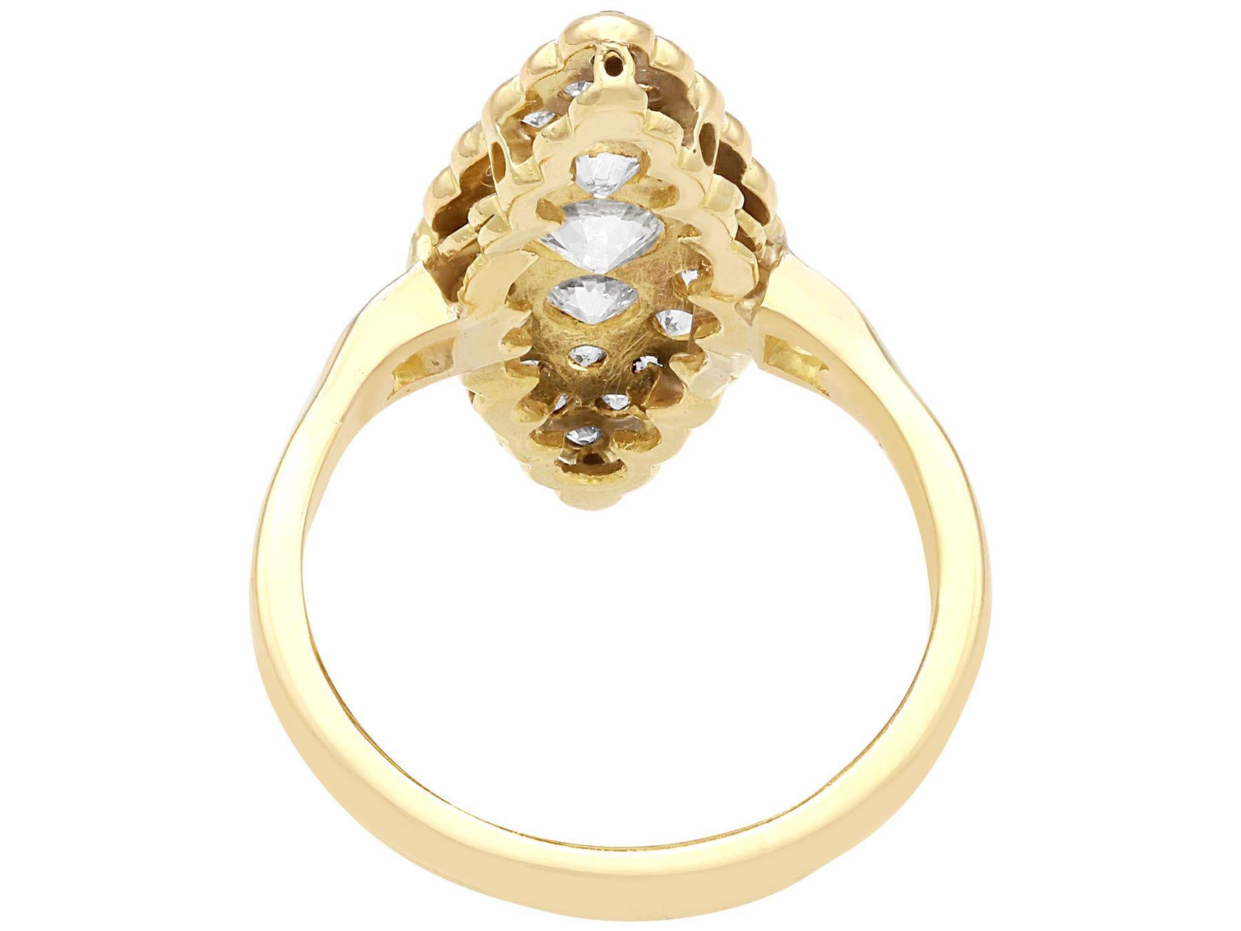 Antique 1.58 Carat Diamond and 18k Yellow Gold Marquise Shaped Dress Ring In Excellent Condition For Sale In Jesmond, Newcastle Upon Tyne