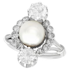 Antique 1.59 Carat Diamond and Pearl Cocktail Ring in 18k White Gold