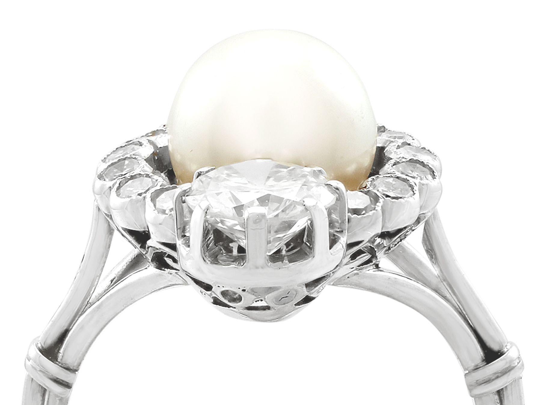 A stunning antique 1930s natural pearl and 1.59 carat diamond, 18 karat white gold dress ring; part of our diverse antique jewelry and estate jewelry collections.

This stunning, fine and impressive large antique pearl and diamond ring has been