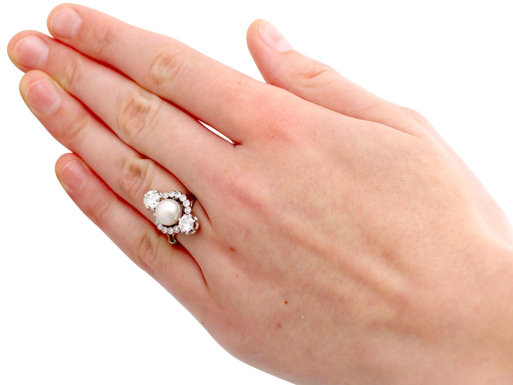Antique 1.59 Carat Diamond and Pearl Cocktail Ring in 18k White Gold In Excellent Condition For Sale In Jesmond, Newcastle Upon Tyne