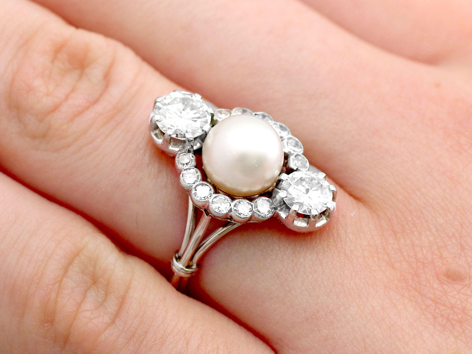 Women's or Men's Antique 1.59 Carat Diamond and Pearl Cocktail Ring in 18k White Gold For Sale