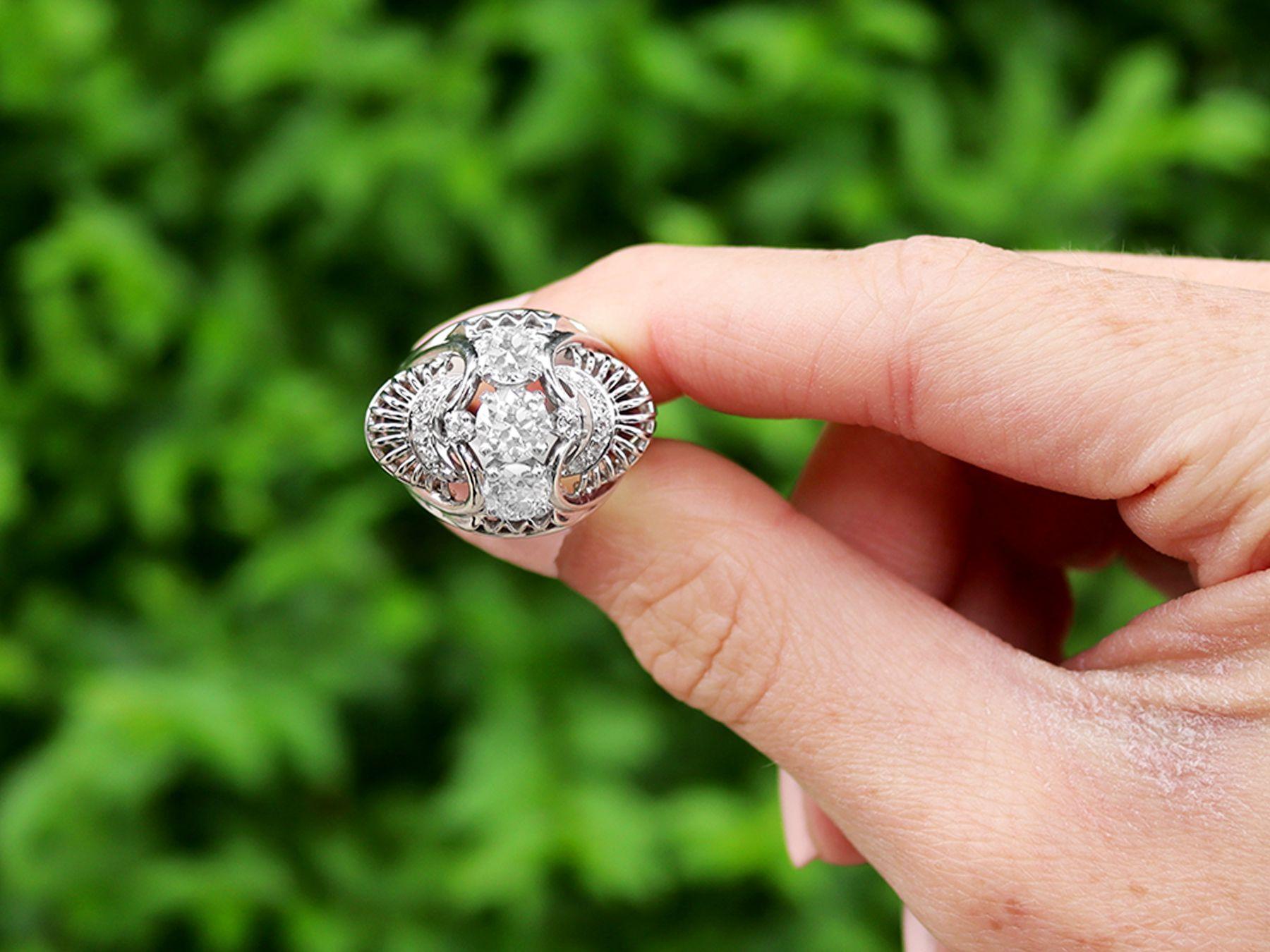 A stunning, fine and impressive 1.59 carat diamond and platinum dress ring; part of our diverse diamond jewellery and estate jewelry collections

This stunning, fine and impressive antique diamond ring has been crafted in platinum.

The impressive