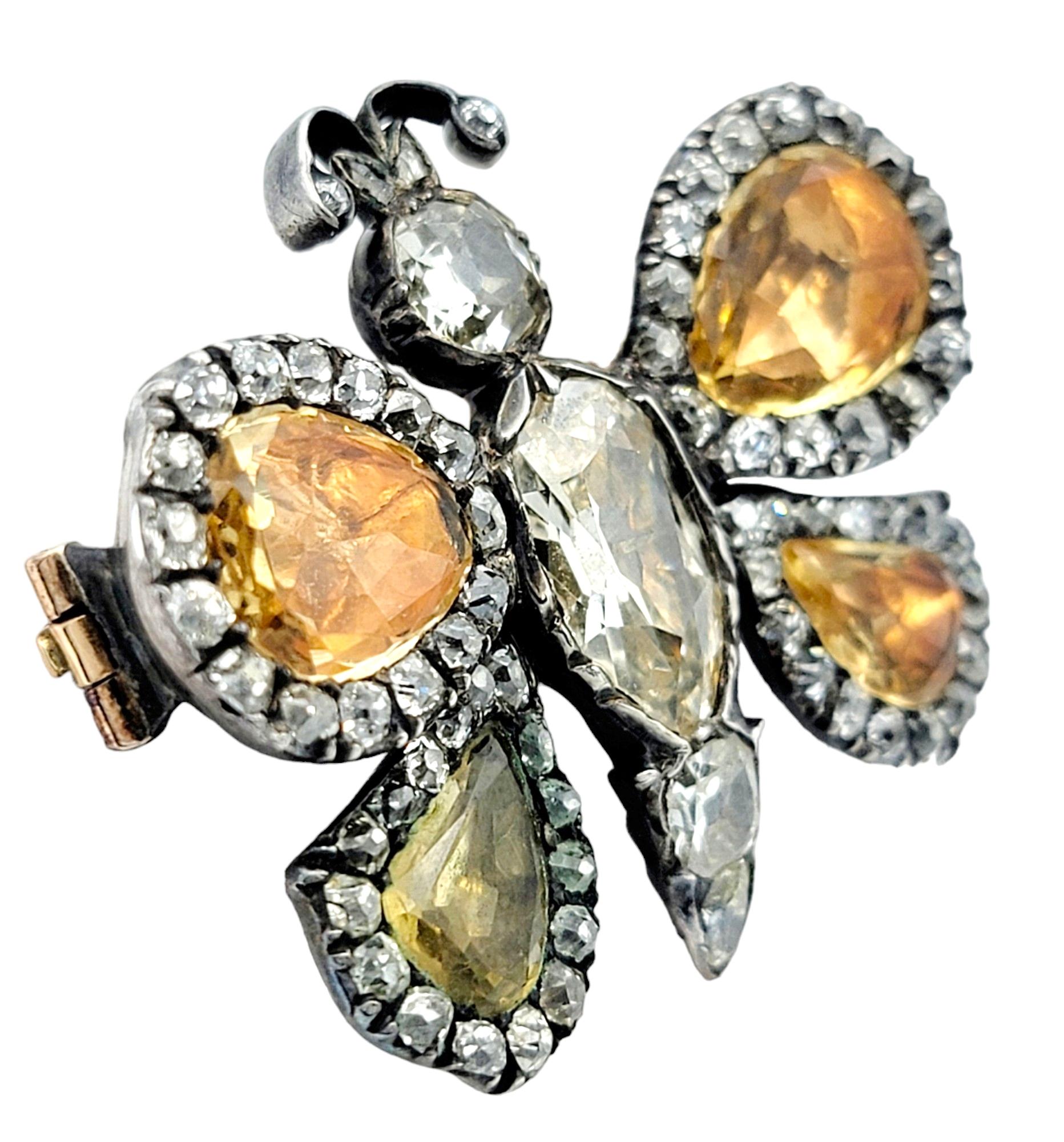 Contemporary Antique 15.95 Carat Total Diamond and Yellow Topaz Butterfly Pin, Silver & Gold For Sale