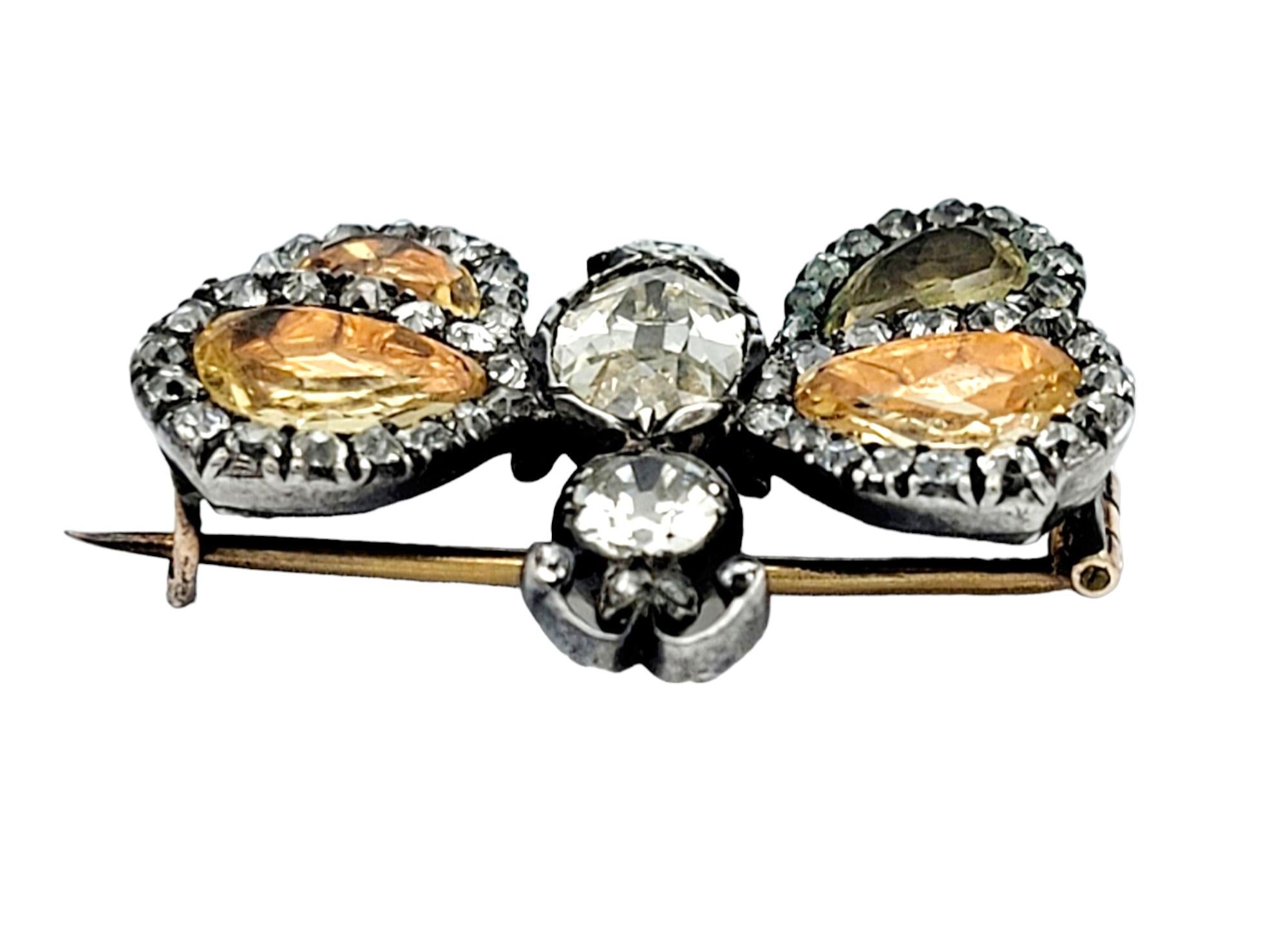 Pear Cut Antique 15.95 Carat Total Diamond and Yellow Topaz Butterfly Pin, Silver & Gold For Sale