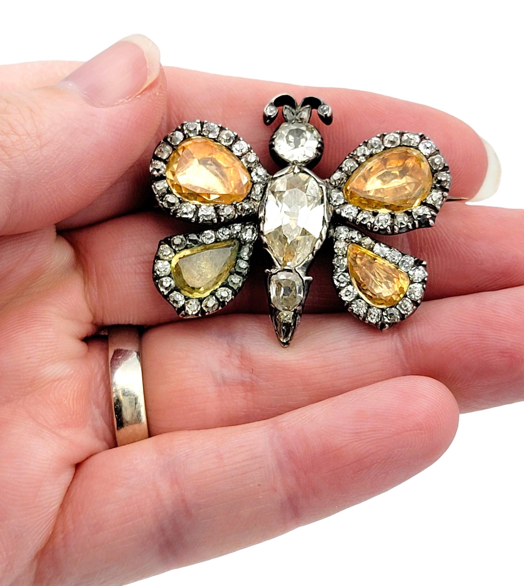 Antique 15.95 Carat Total Diamond and Yellow Topaz Butterfly Pin, Silver & Gold For Sale 2