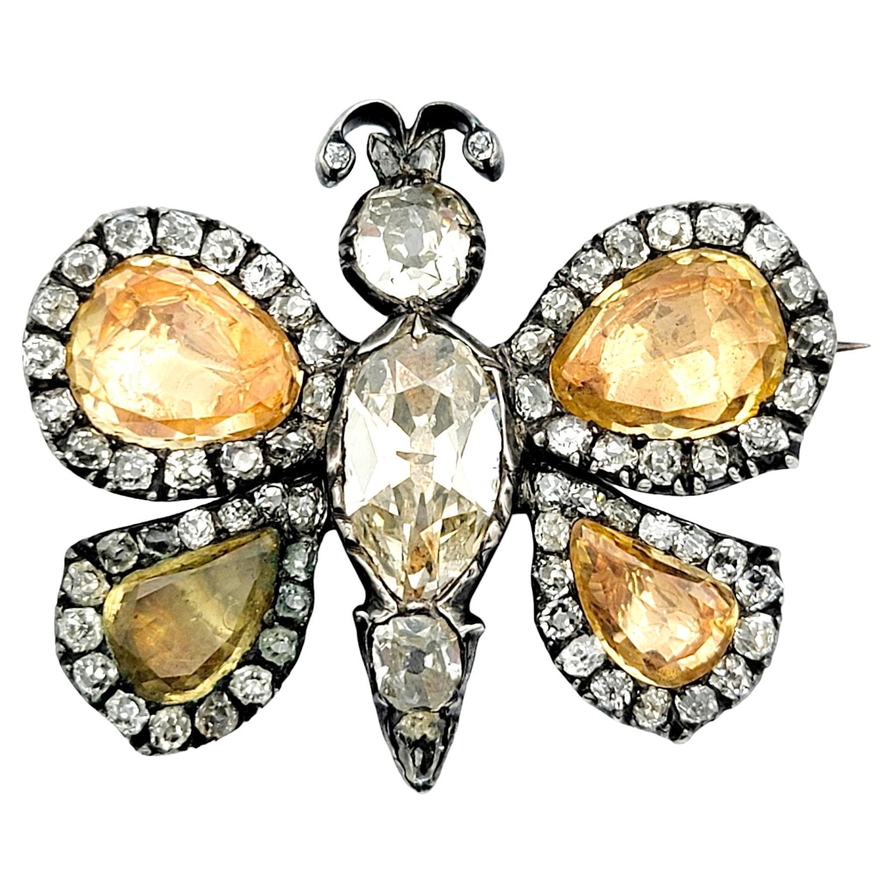Antique 15.95 Carat Total Diamond and Yellow Topaz Butterfly Pin, Silver & Gold For Sale