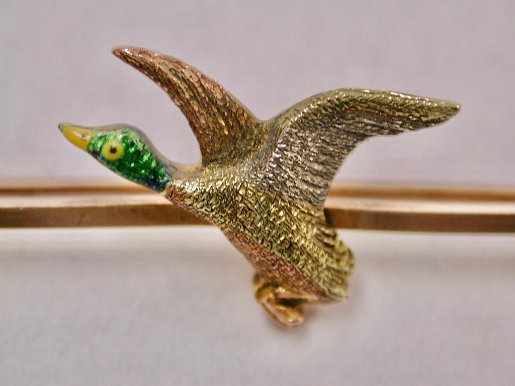 George V Antique 15ct 2 Color Gold & Platinum Flying Duck Brooch, Dated Circa 1920