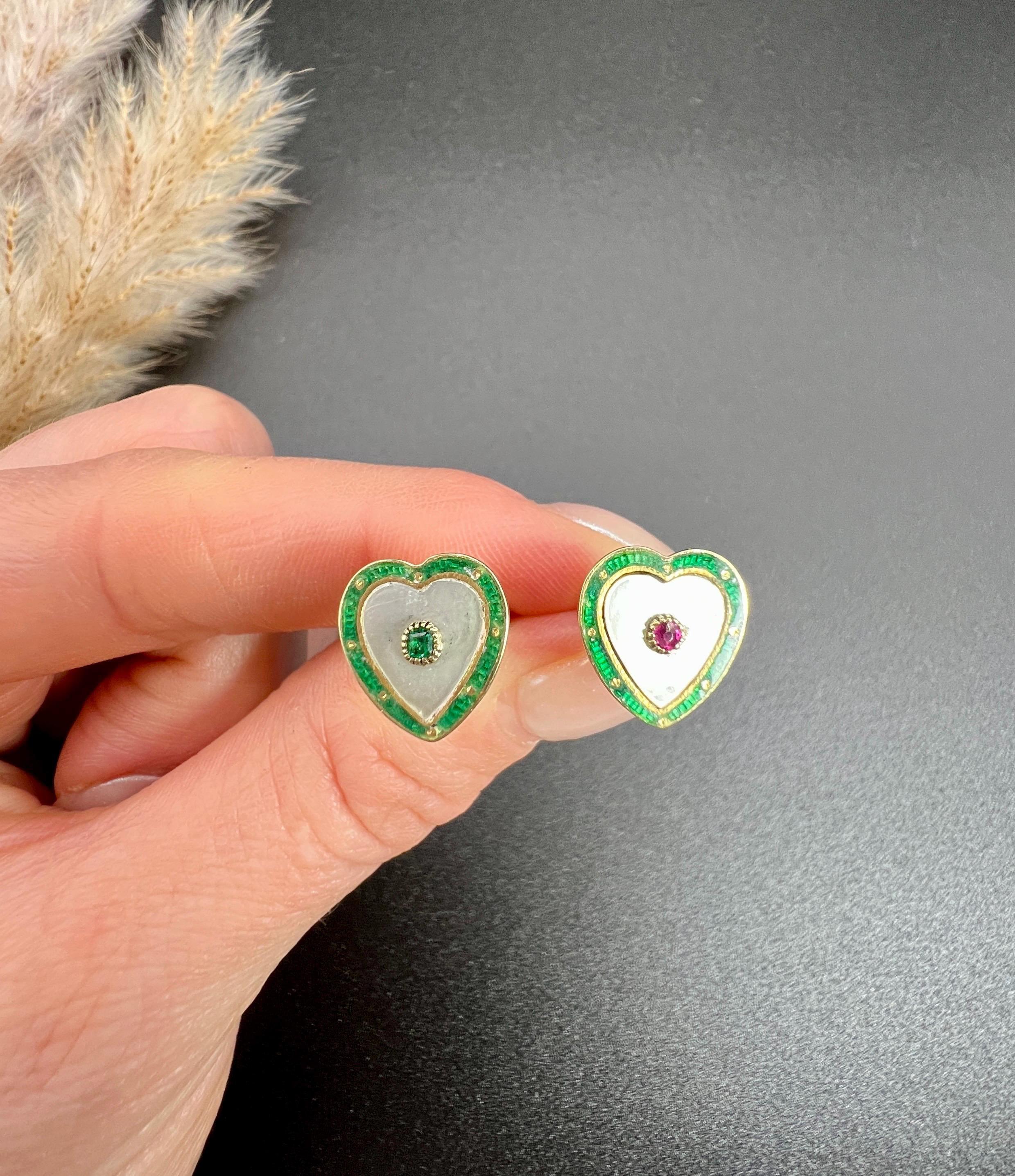 Antique 15ct Gold 1920s Mother of Pearl Green Enamel Ruby & Emerald Stud Earings For Sale 5