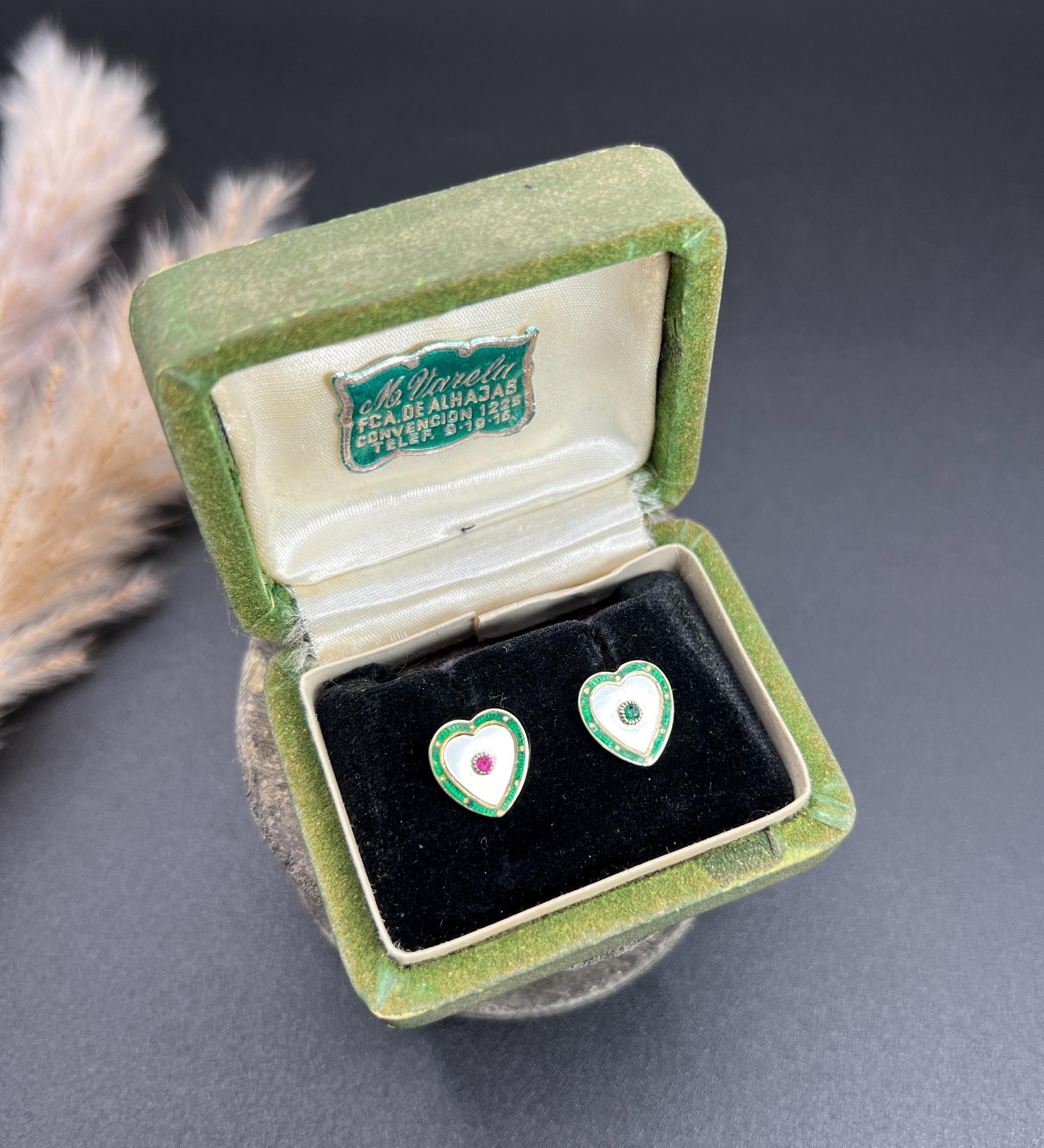 Antique 15ct Gold 1920s Mother of Pearl Green Enamel Ruby & Emerald Stud Earings For Sale 6