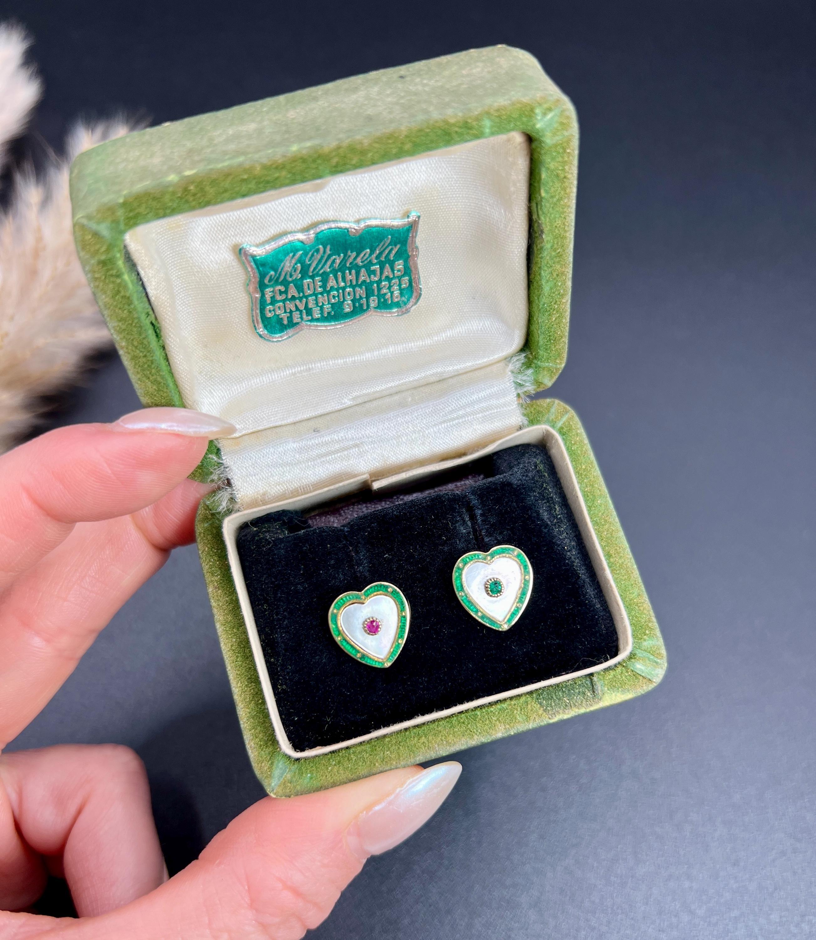 Mixed Cut Antique 15ct Gold 1920s Mother of Pearl Green Enamel Ruby & Emerald Stud Earings For Sale