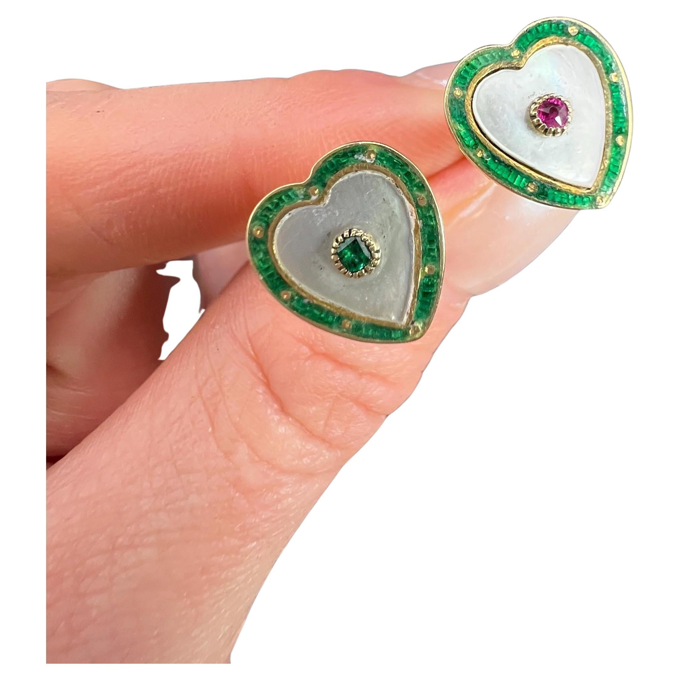 Antique 15ct Gold 1920s Mother of Pearl Green Enamel Ruby & Emerald Stud Earings For Sale