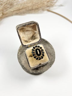 Antique 15ct Gold 1920s Oval Onyx & Pearl Ring with an Onyx Teardrop Halo