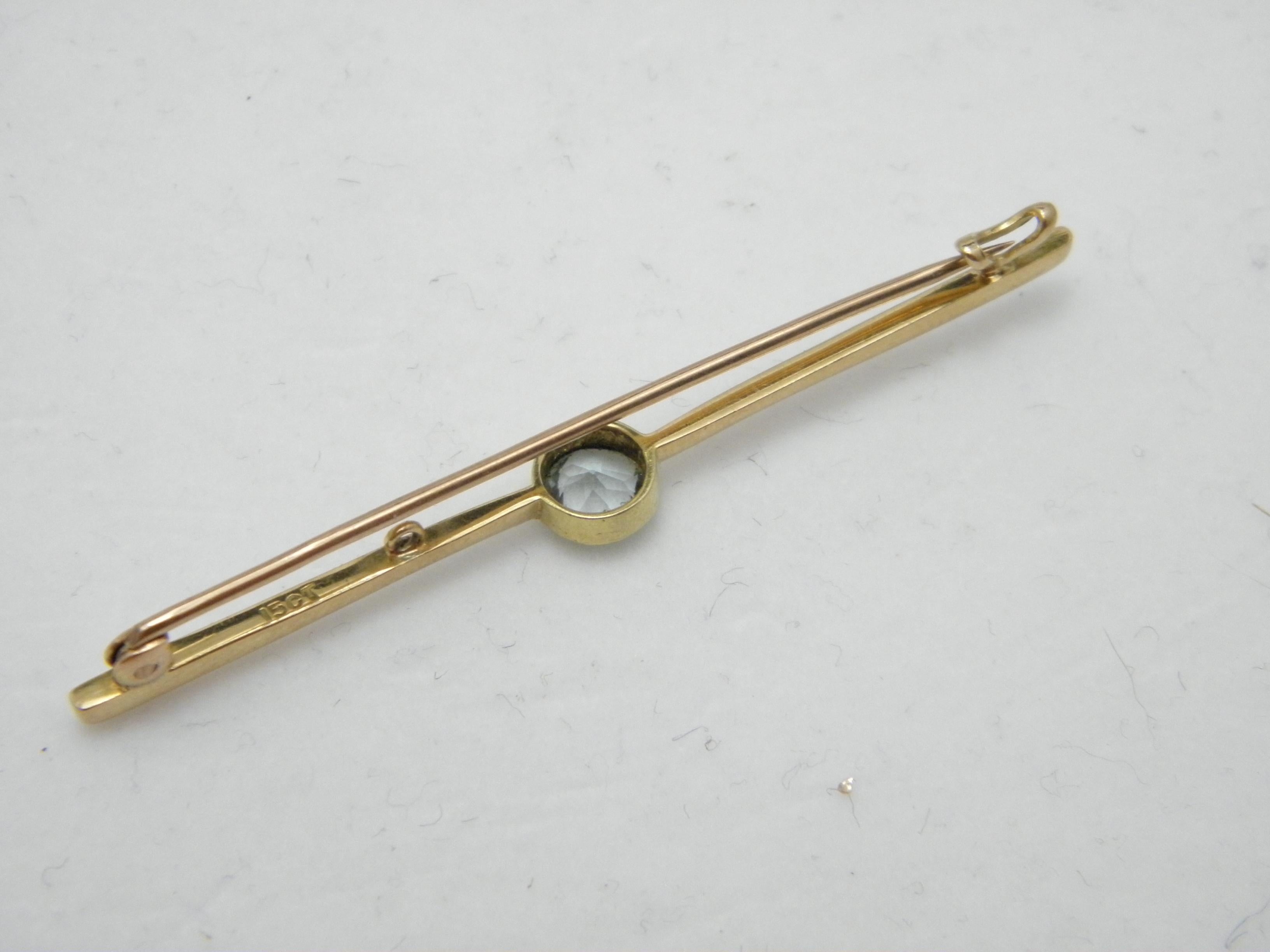 Women's or Men's Antique 15ct Gold Aquamarine Solitaire Bar Brooch Pin c1890 625 Purity Heavy For Sale