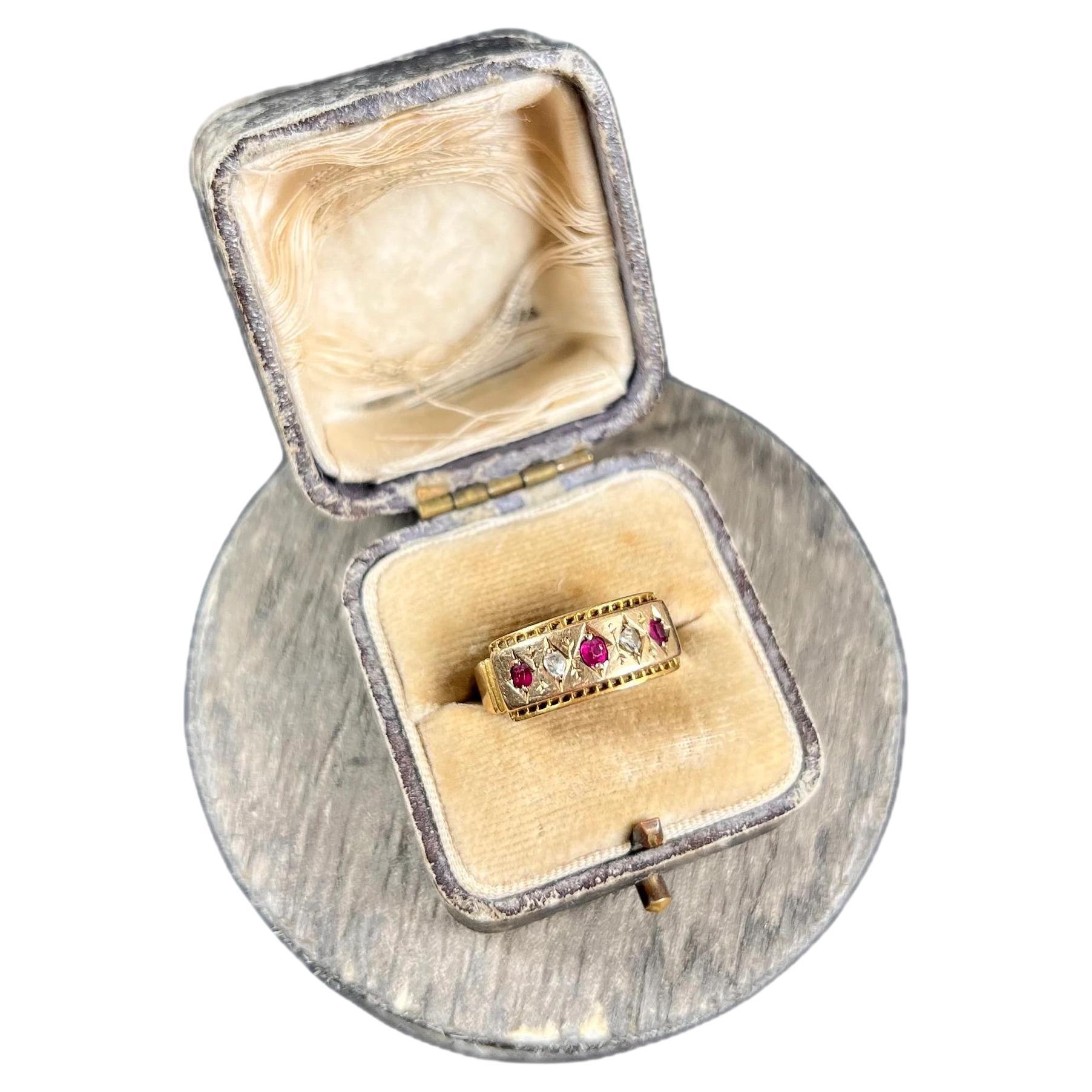 Antique 15ct Gold Birmingham Hallmarked Victorian Ruby & Diamond Five Stone Ring For Sale