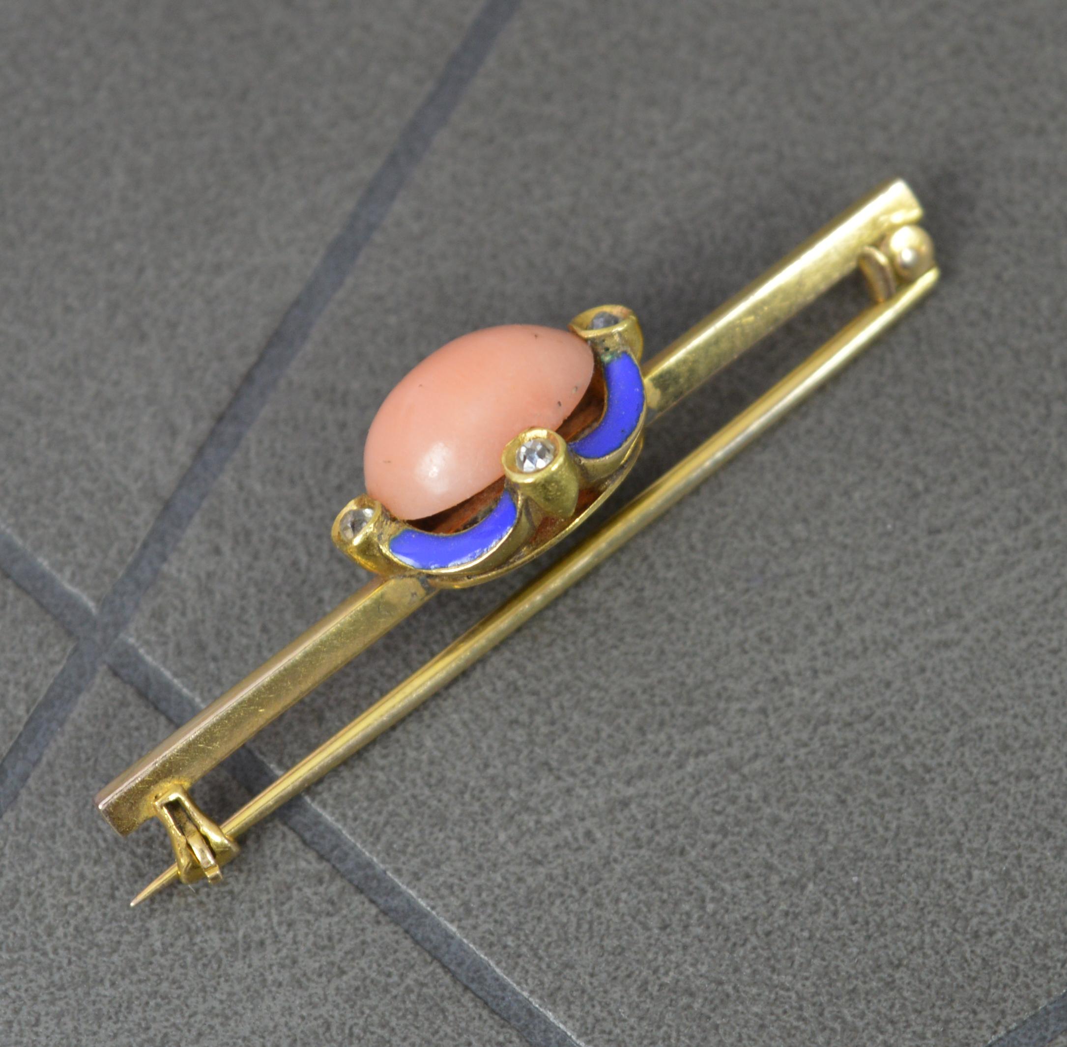 A beautiful true antique brooch circa 1880.
Solid 15 carat yellow gold example.
A brooch with oval shaped coral to centre with blue enamel and four old cut diamond border.
3.4 grams, 3.8cm long. 8mm x 10mm coral.

Condition ; Excellent. Crisp design