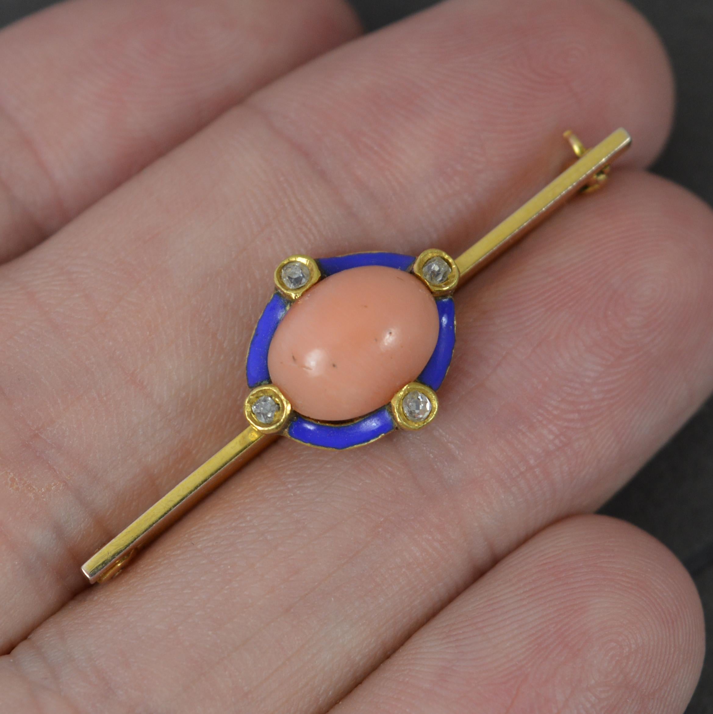 Women's Antique 15ct Gold Coral Enamel and Diamond Brooch c1880 For Sale