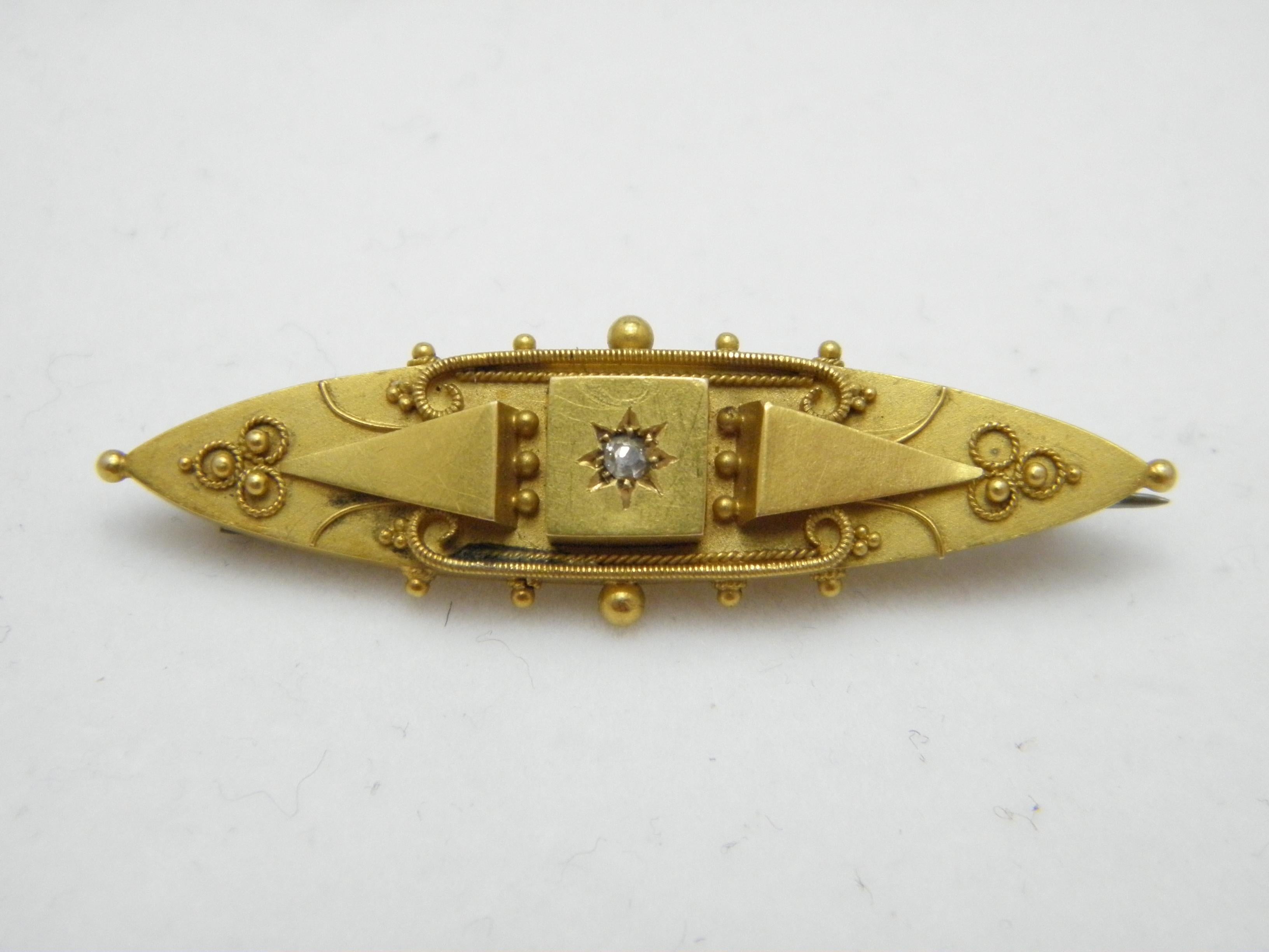 If you have landed on this page then you have an eye for beauty.

On offer is this stunning

15CT SOLID GOLD DETAILED DIAMOND BAR BROOCH

DETAILS
Material: 15ct (625/000) Solid Heavy Yellow Gold
Style: Victorian classic brooch / pin in the bar style
