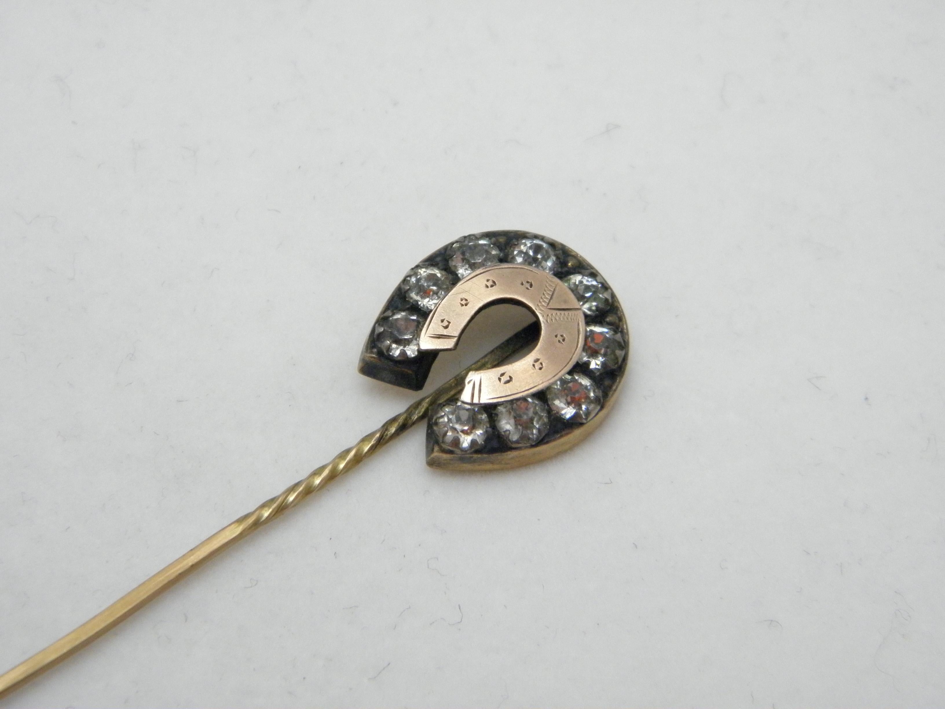 Victorian Antique 15ct Gold Diamond Paste Horseshoe Pin Brooch c1840 2.5g 625 Purity For Sale