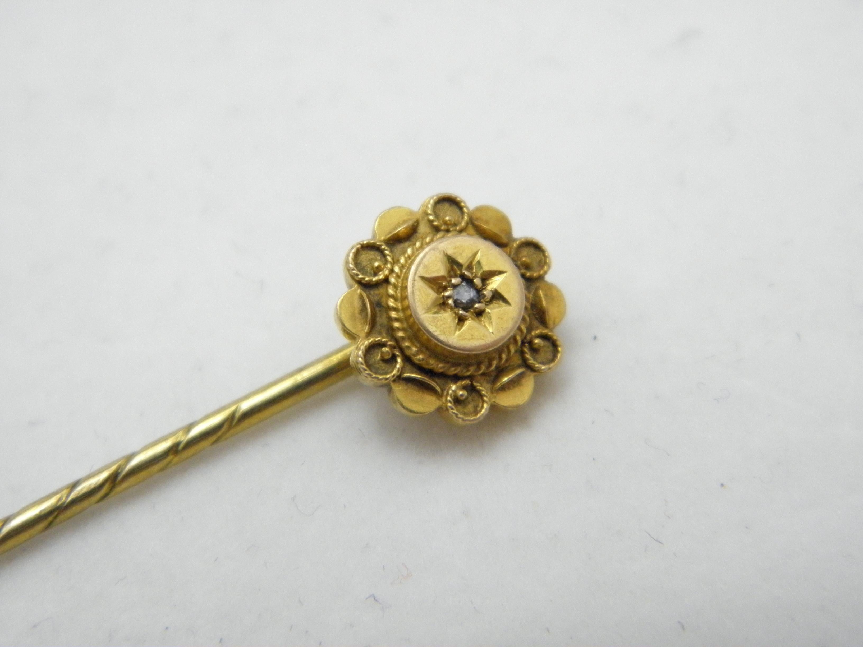 Victorian Antique 15ct Gold Diamond Stock Pin Brooch c1880 Heavy 625 Purity Tie Lapel Hat For Sale