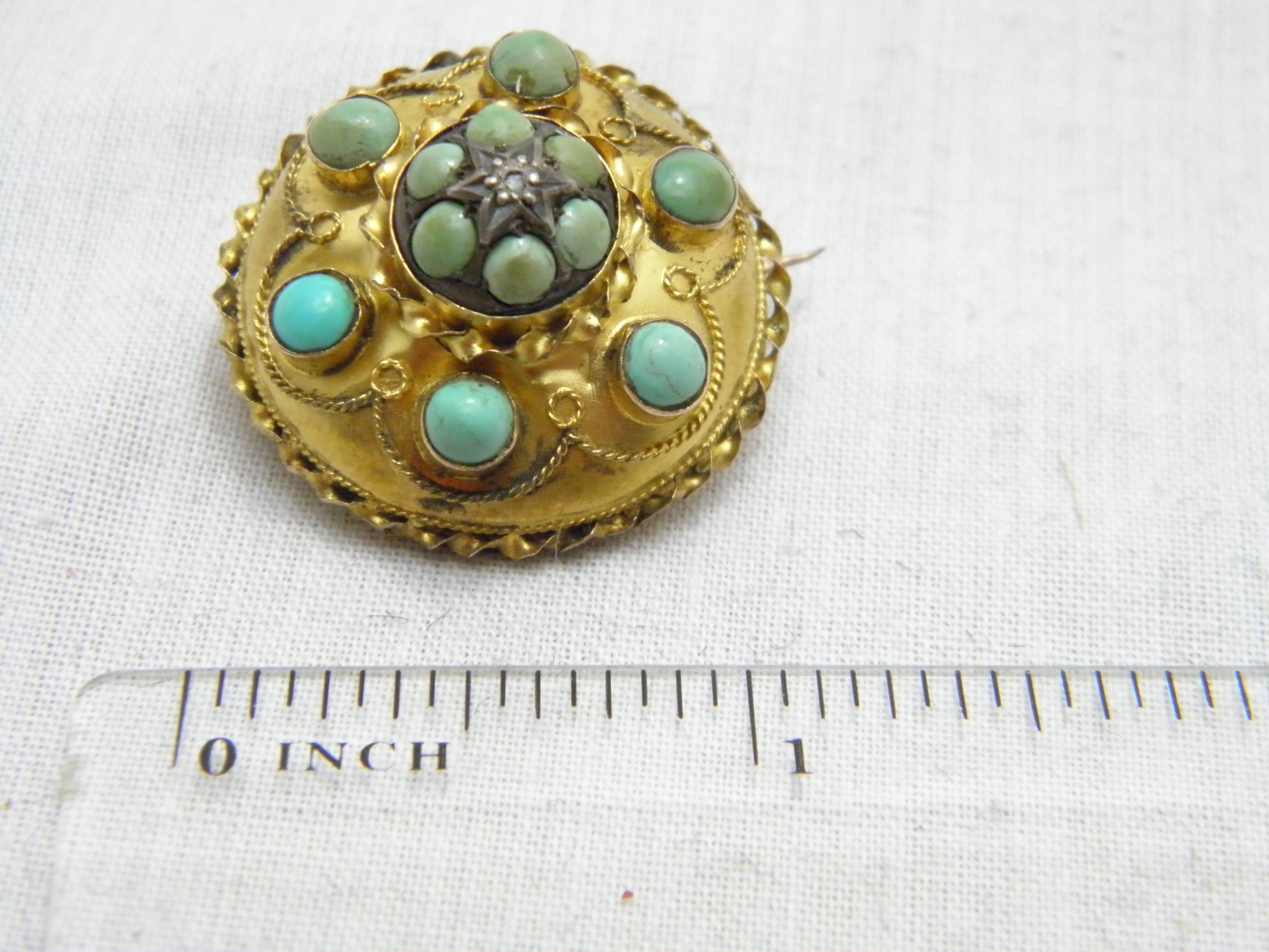 Broche cible en or 15 carats avec diamants et turquoise, épaisse, 8 g 625 pureté, c. 1850 en vente 5