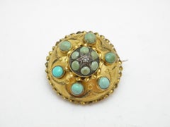 Antique 15ct Gold Diamond Turquoise Target Brooch Pin c1850 Heavy 8g 625 Purity
