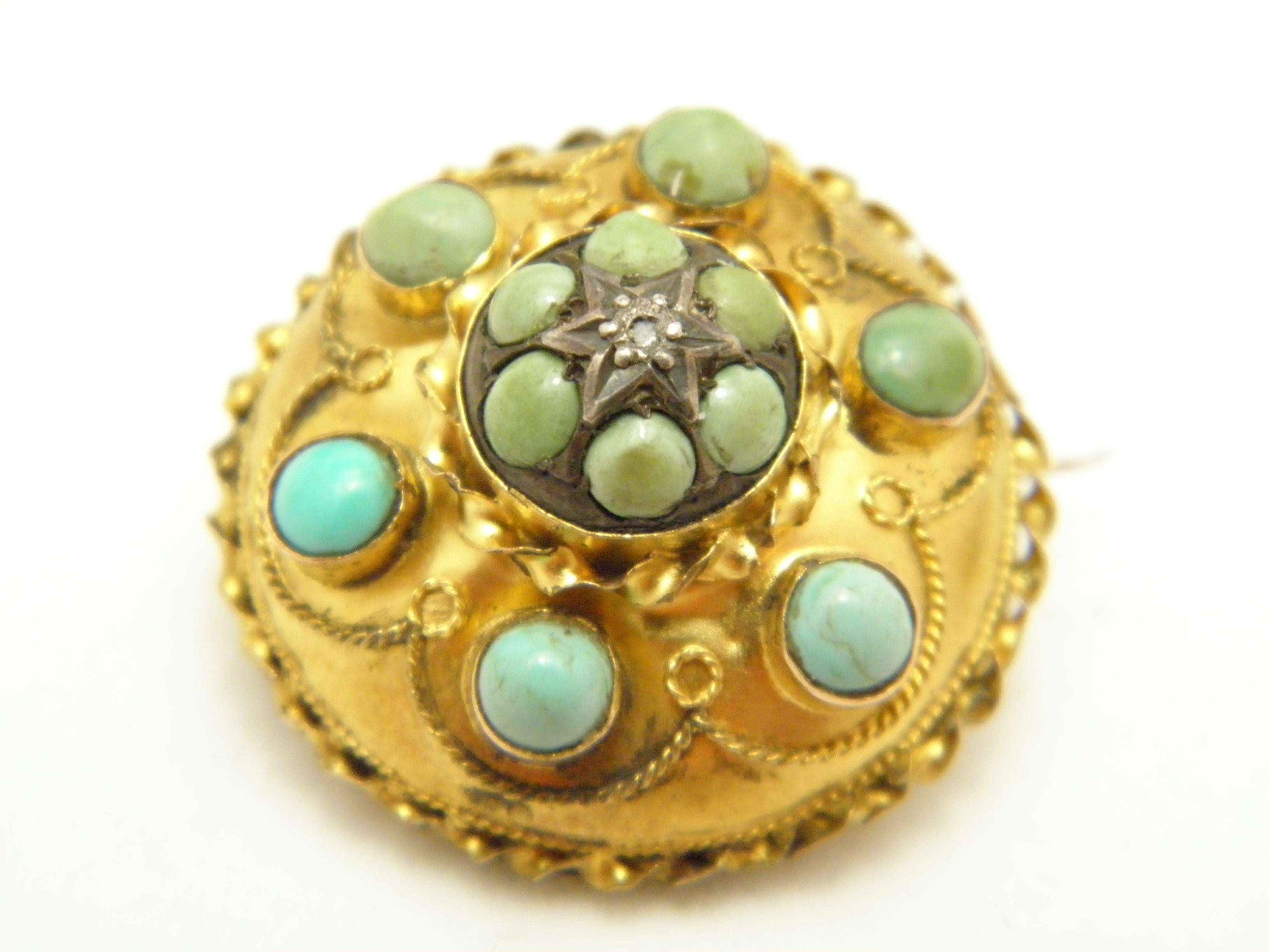 Victorien Broche cible en or 15 carats avec diamants et turquoise, épaisse, 8 g 625 pureté, c. 1850 en vente