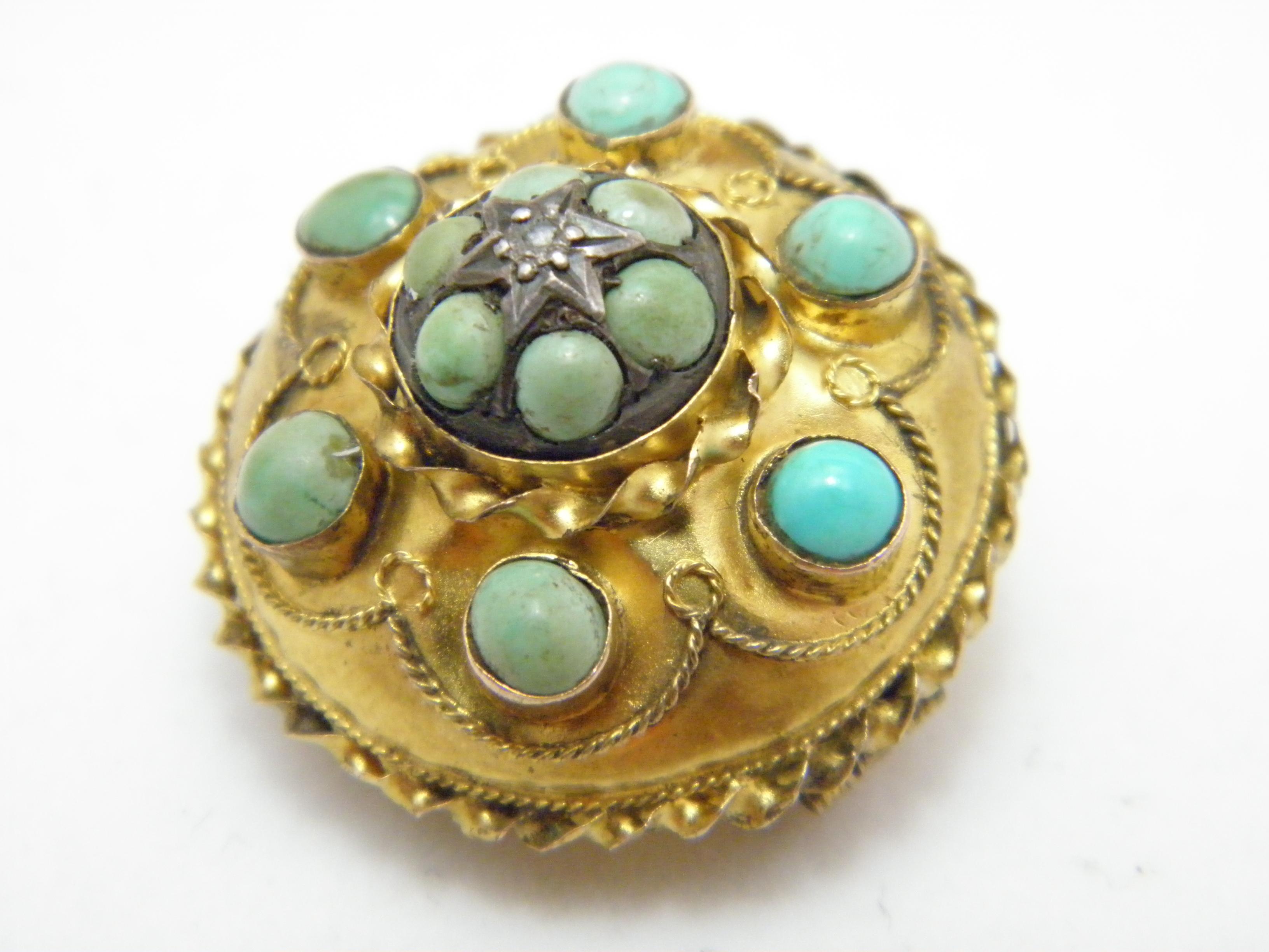 Broche cible en or 15 carats avec diamants et turquoise, épaisse, 8 g 625 pureté, c. 1850 État moyen - En vente à Camelford, GB