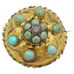 Antique 15ct Gold Diamond Turquoise Target Brooch Pin c1850 Heavy 8g 625 Purity