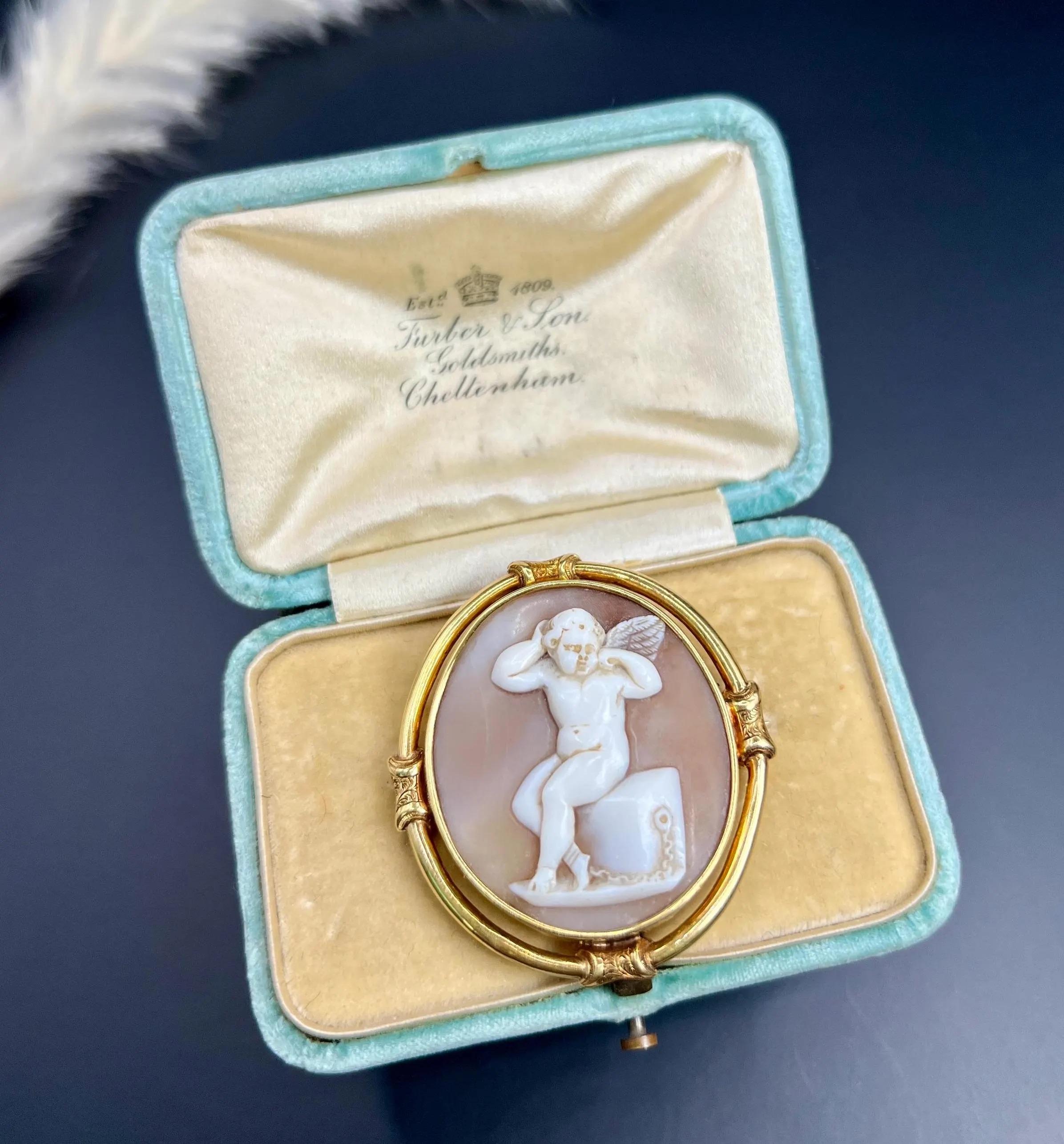 Antique 15ct Gold, Early Victorian Cherub Shell Cameo Portrait Brooch In Good Condition For Sale In Brighton, GB