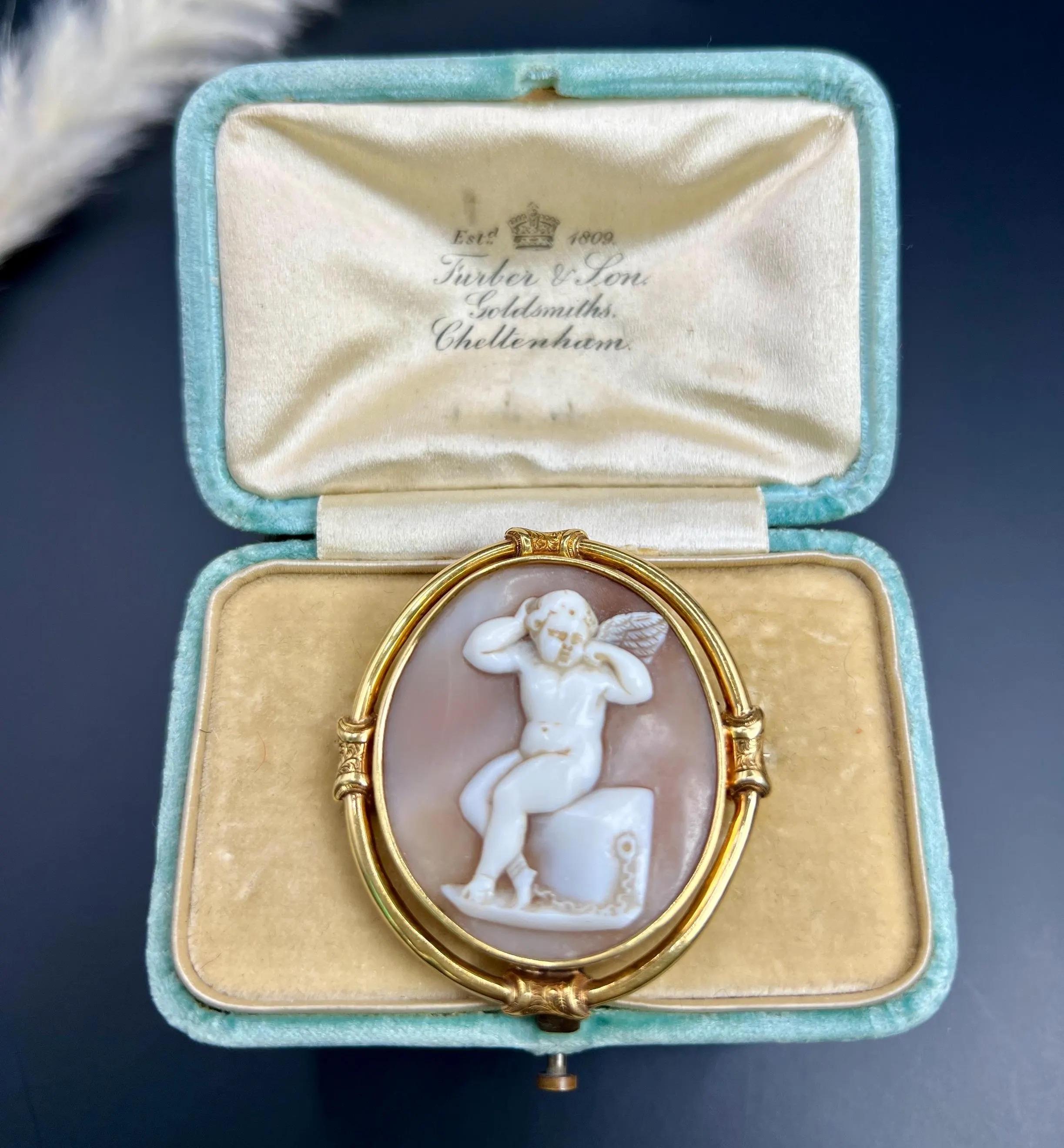 Women's or Men's Antique 15ct Gold, Early Victorian Cherub Shell Cameo Portrait Brooch For Sale