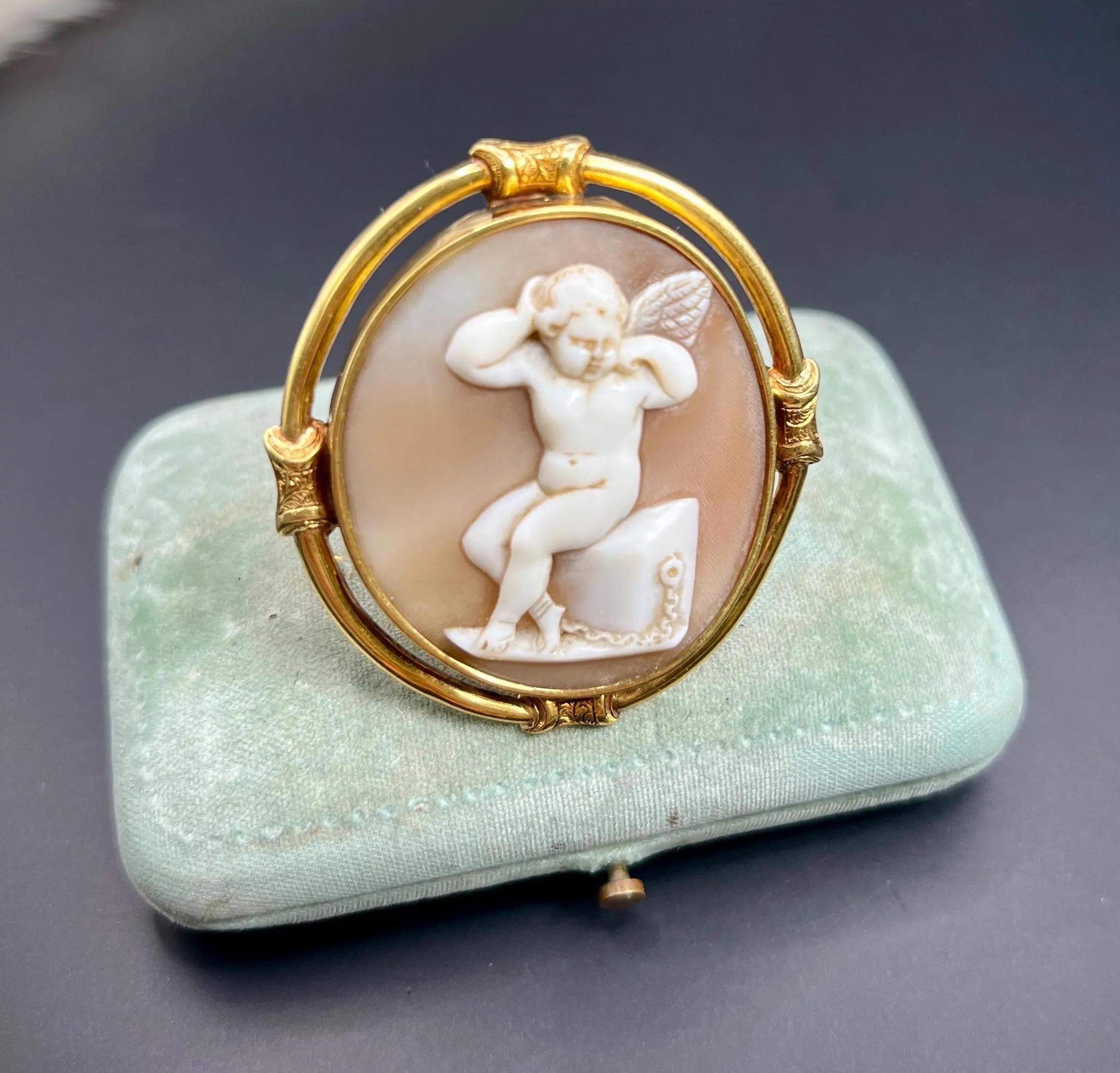 Antique 15ct Gold, Early Victorian Cherub Shell Cameo Portrait Brooch For Sale 1