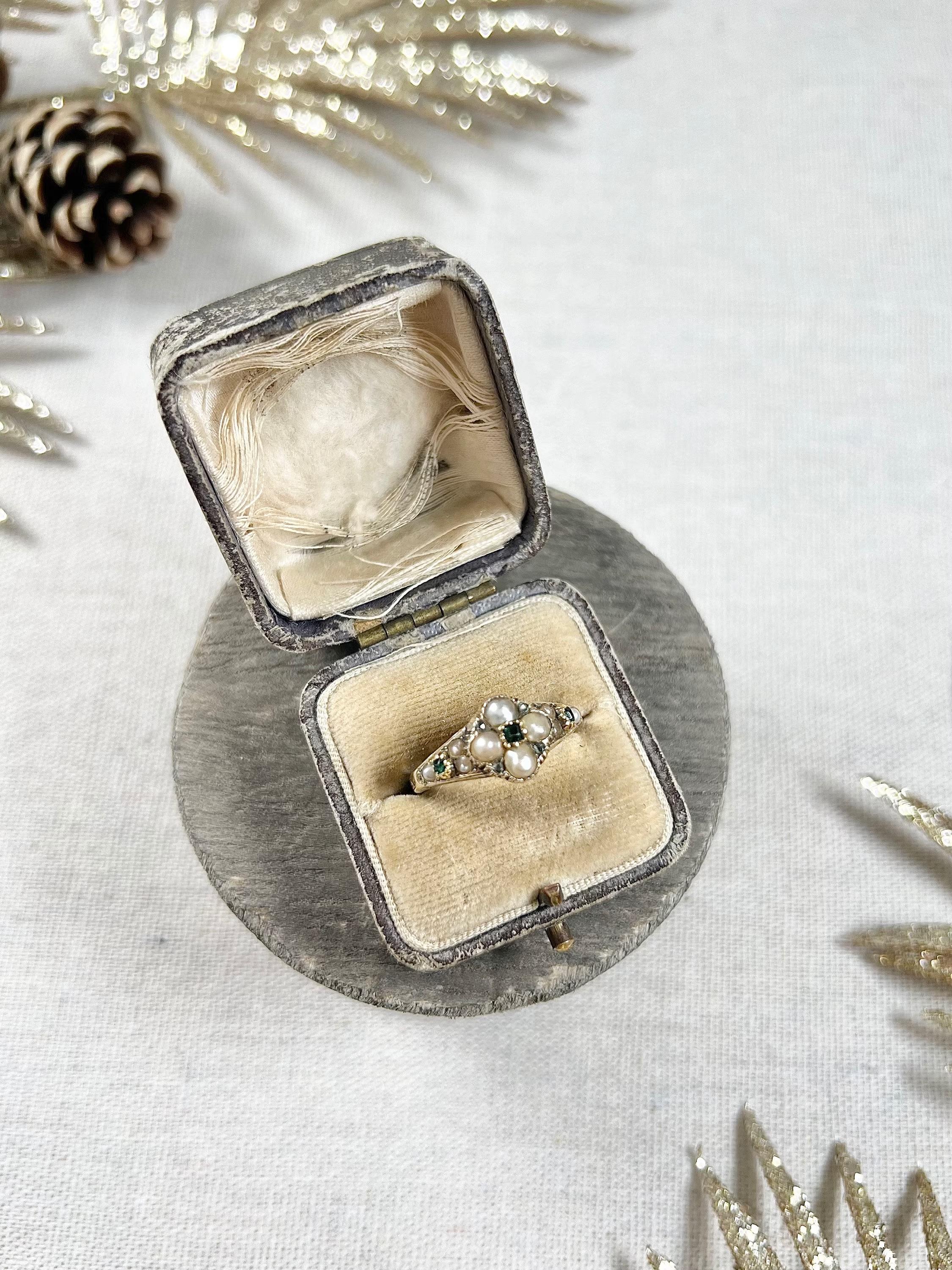 Women's or Men's Antique 15ct Gold Early Victorian Emerald Diamond & Pearl Daisy Cluster Ring For Sale