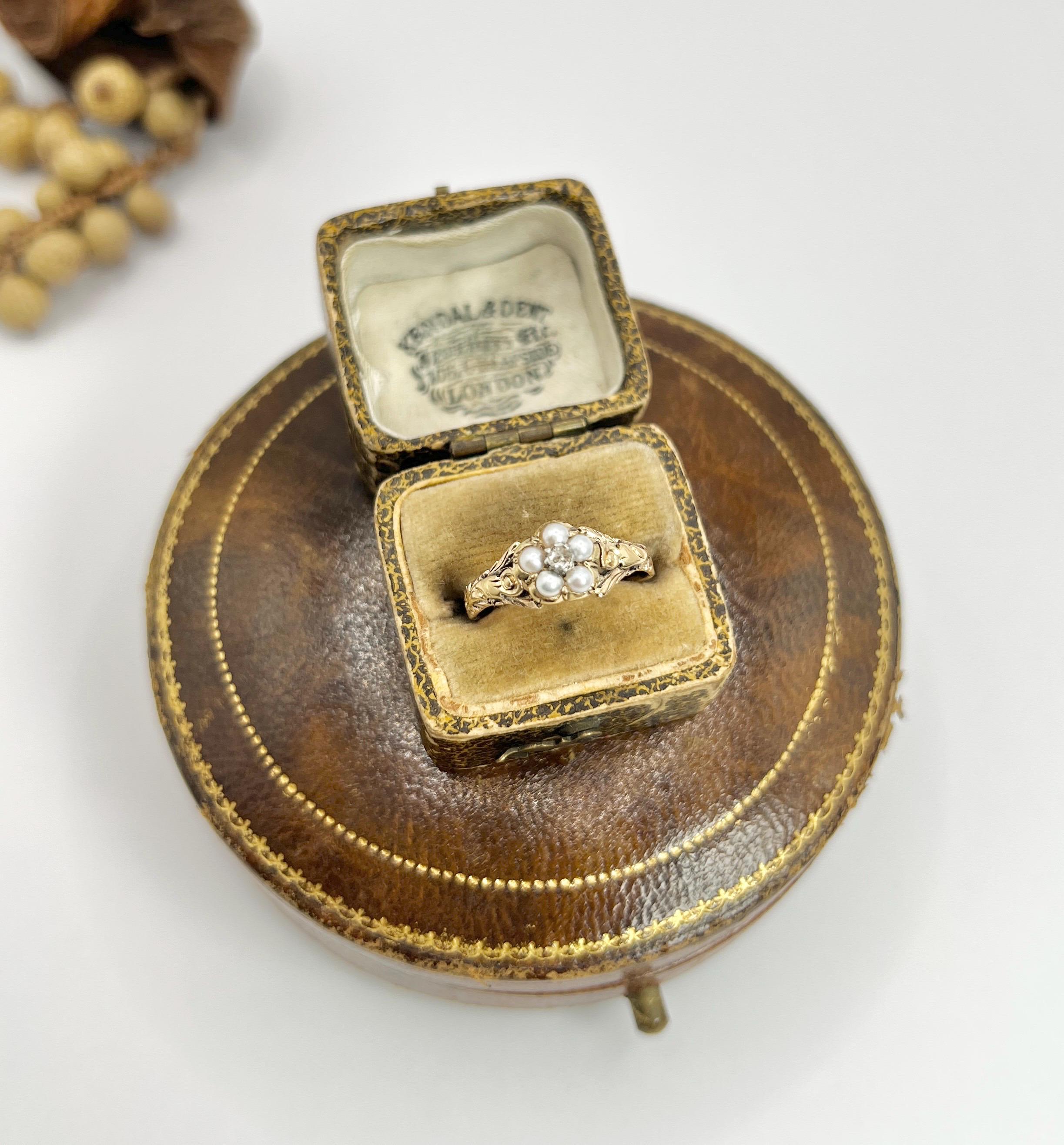 Antique 15ct Gold, Early Victorian Pearl & Rose Cut Diamond Daisy Cluster Ring 6