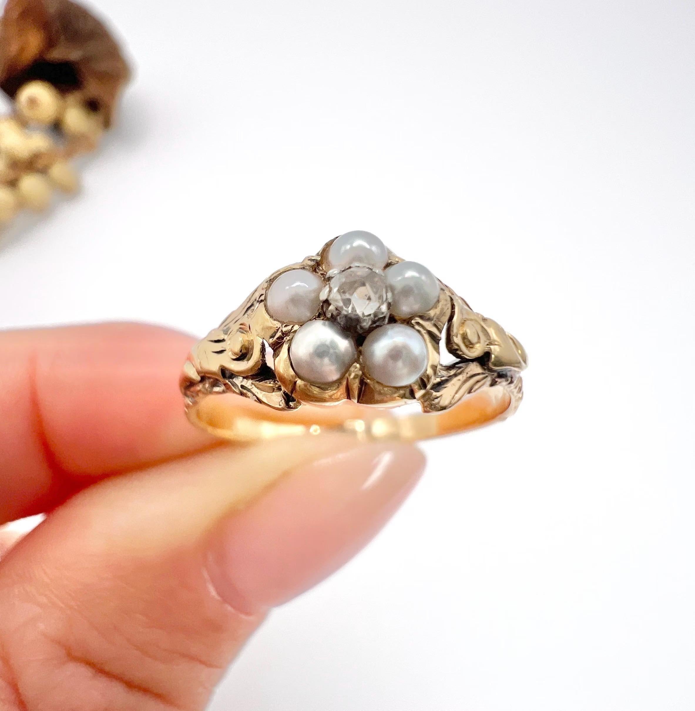 Antique Daisy Cluster Ring 

15ct Gold Tested 

Circa 1875

Presenting a stunning Victorian daisy-shaped cluster ring, perfect for Bridgerton enthusiasts. This exquisite ring features a natural, center rose-cut diamond surrounded by a cluster of