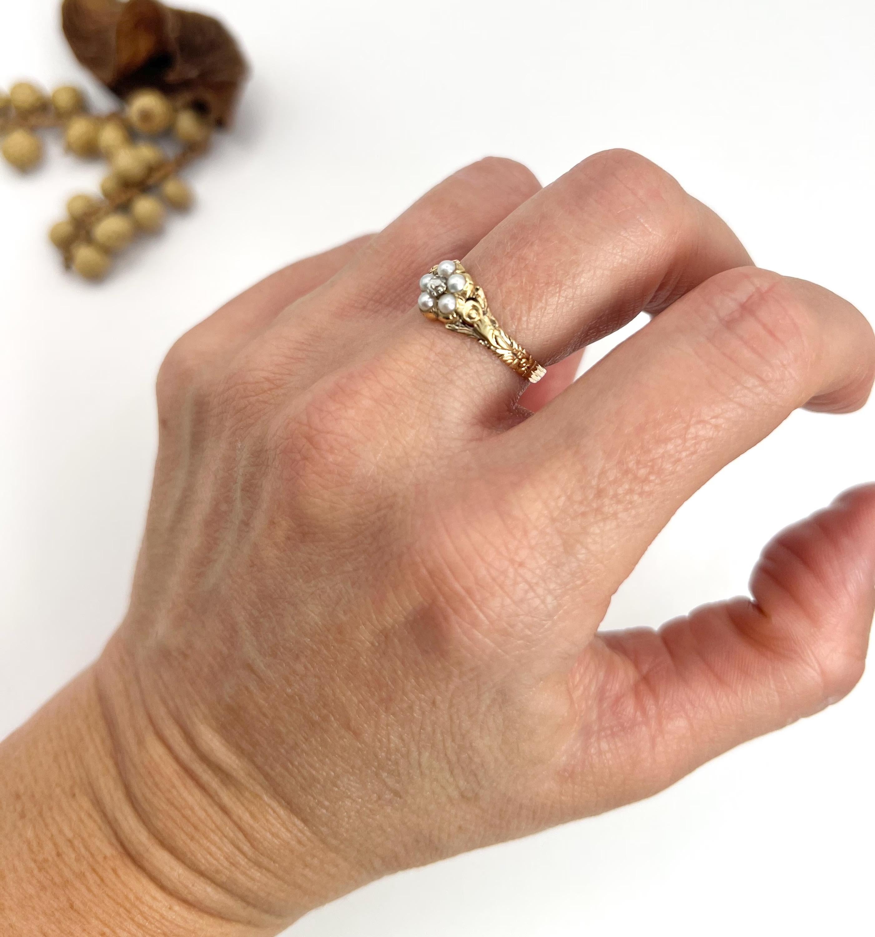 Antique 15ct Gold, Early Victorian Pearl & Rose Cut Diamond Daisy Cluster Ring 2
