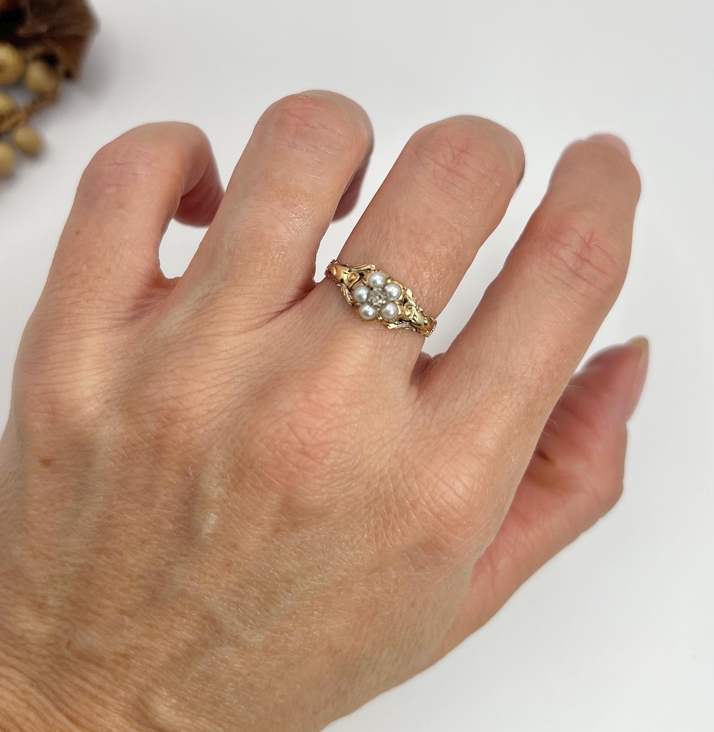 Antique 15ct Gold, Early Victorian Pearl & Rose Cut Diamond Daisy Cluster Ring 4