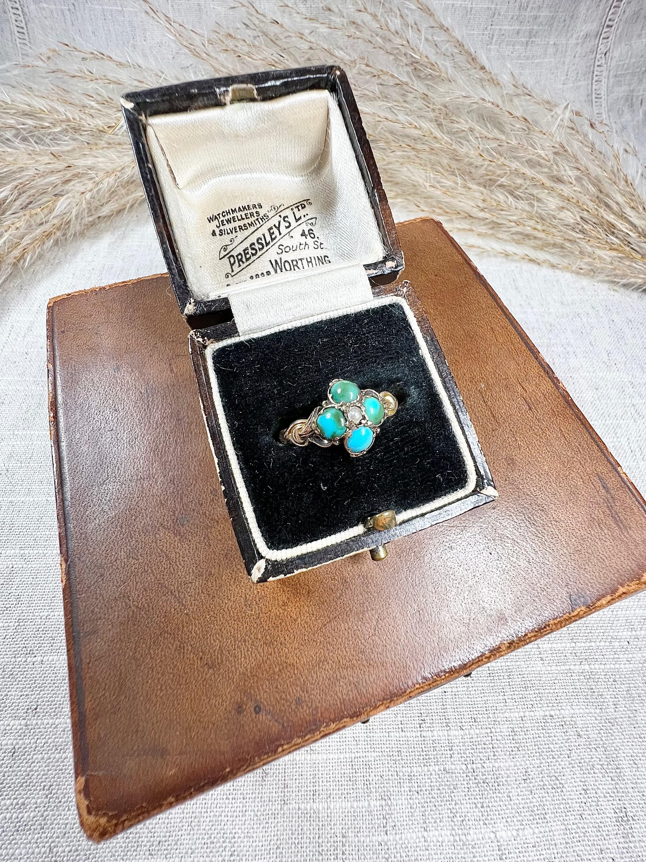 Antique 15ct Gold Early Victorian Turquoise & Pearl Floral Cluster Ring For Sale 2