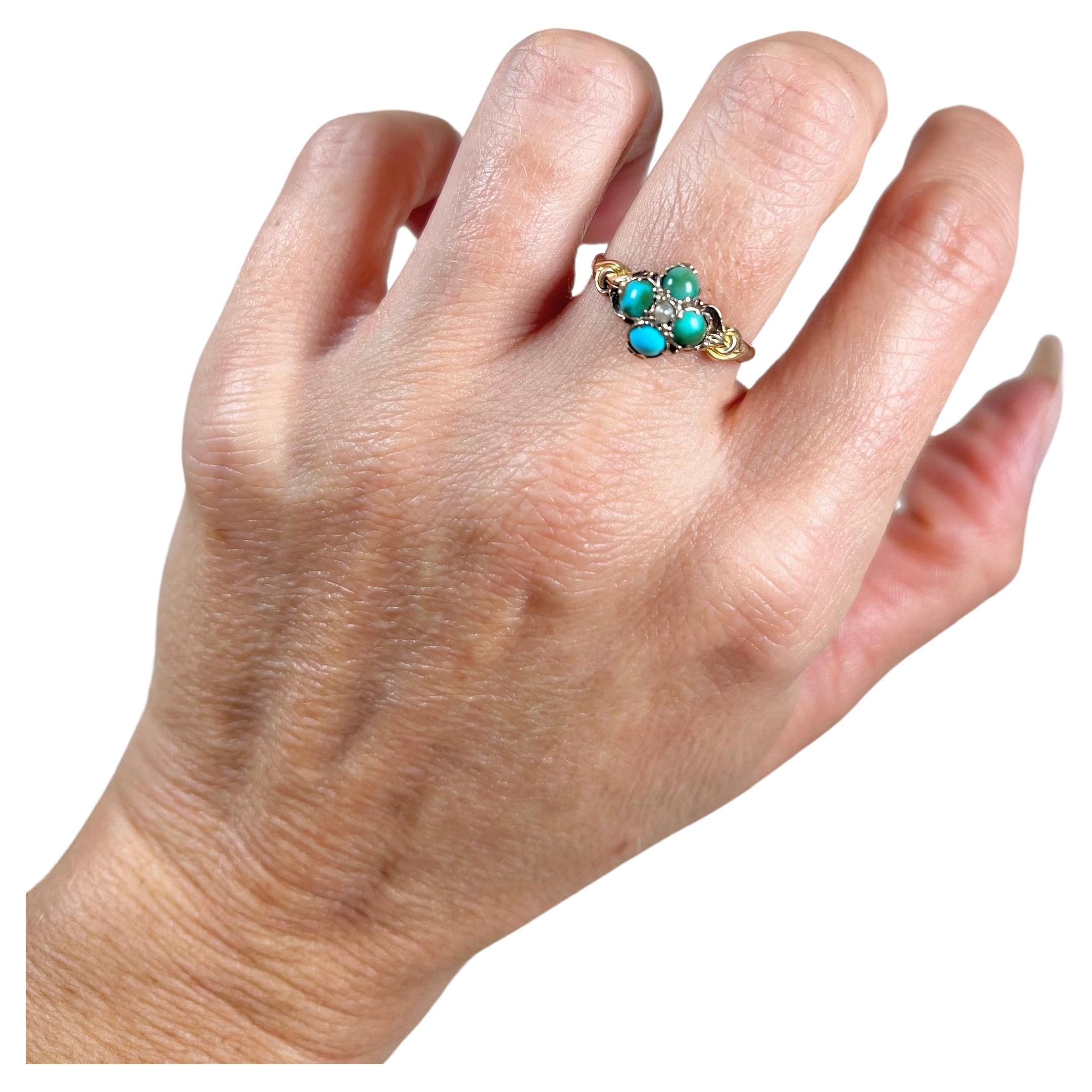 Antique 15ct Gold Early Victorian Turquoise & Pearl Floral Cluster Ring For Sale