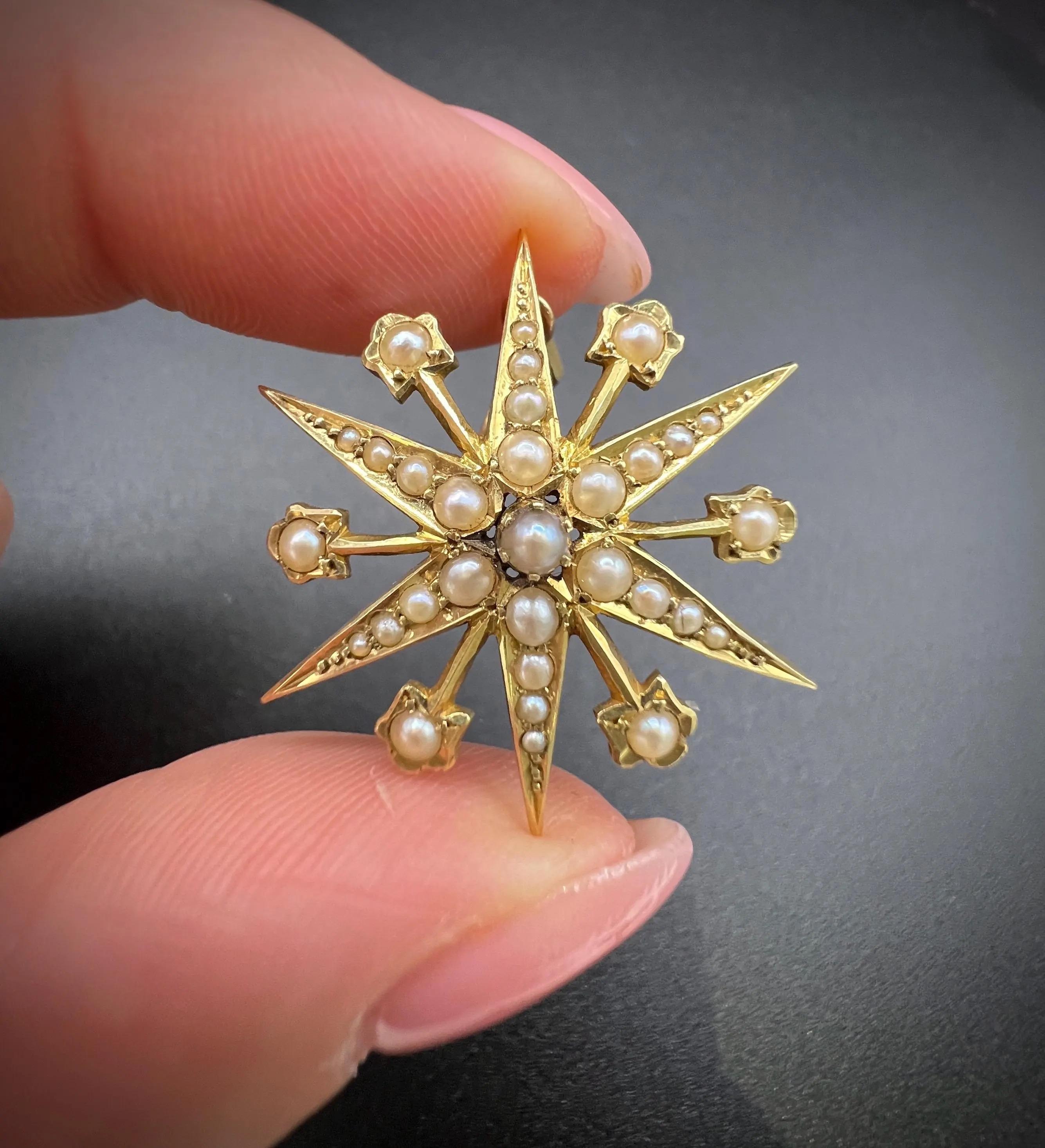 Pendentif ancien en or 15ct, Edwardien, 6 perles pointues en étoile en vente 4