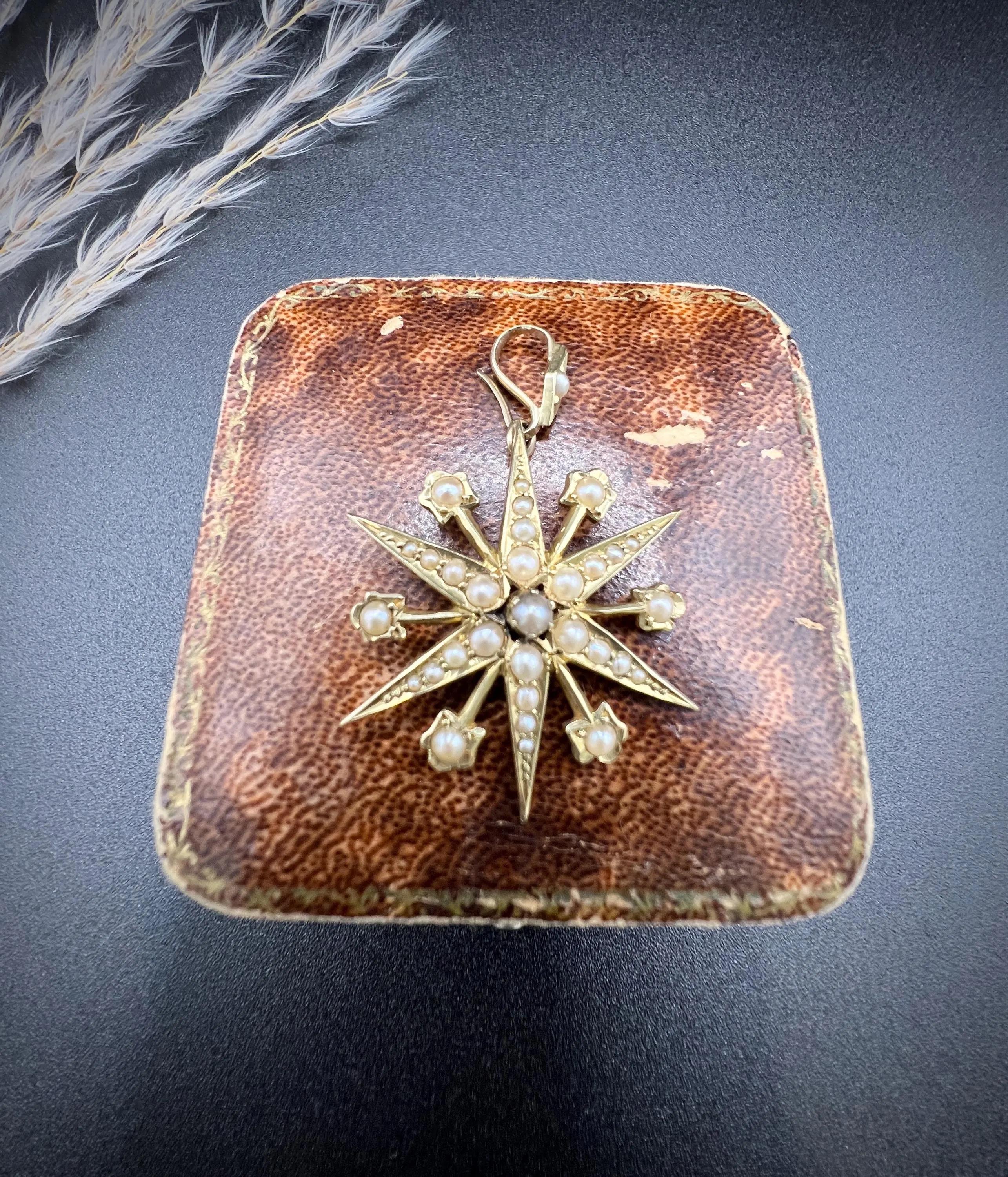 Pendentif ancien en or 15ct, Edwardien, 6 perles pointues en étoile en vente 5