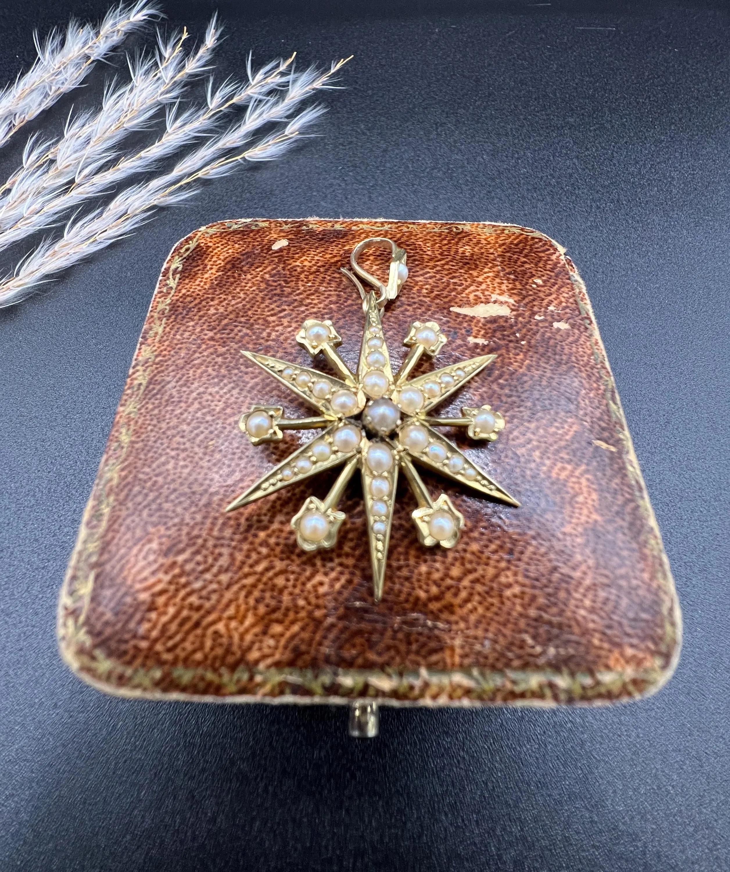 Pendentif ancien en or 15ct, Edwardien, 6 perles pointues en étoile en vente 6