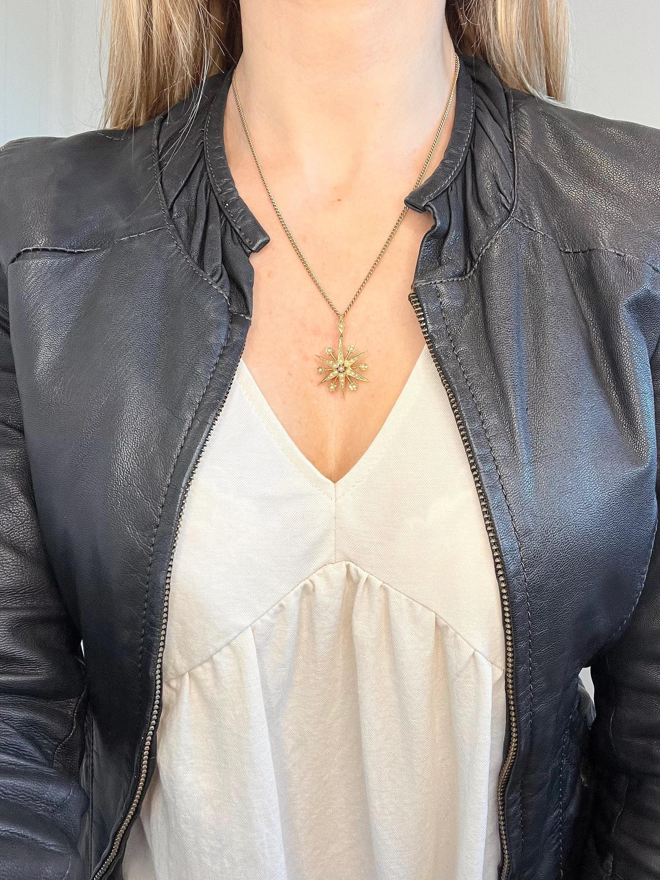 Édouardien Pendentif ancien en or 15ct, Edwardien, 6 perles pointues en étoile en vente
