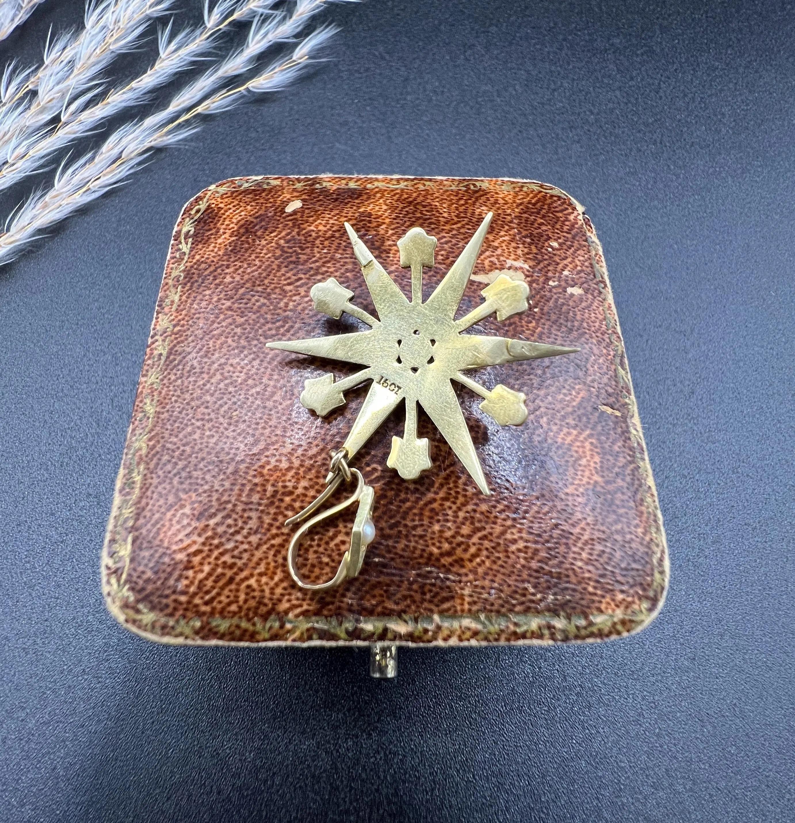 Pendentif ancien en or 15ct, Edwardien, 6 perles pointues en étoile en vente 3