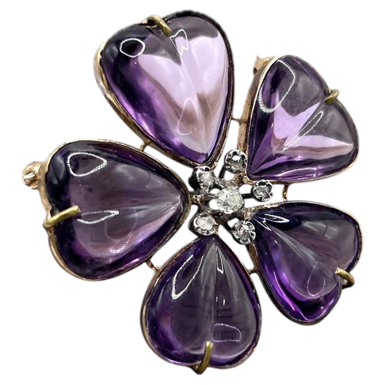 Antike 15ct Gold, Edwardian Amethyst & Diamant Blume Brosche