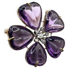 Antique 15ct Gold, Edwardian Amethyst & Diamond Flower Brooch