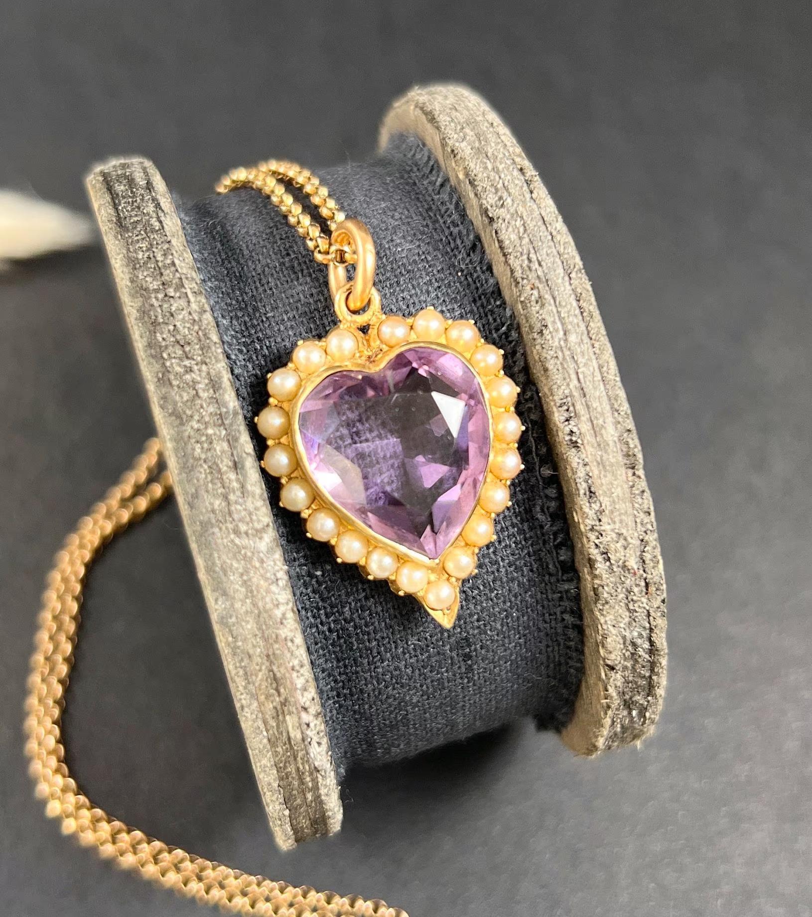 Édouardien Pendentif ancien en or 15ct, améthyste et perles de rocaille de style édouardien en vente