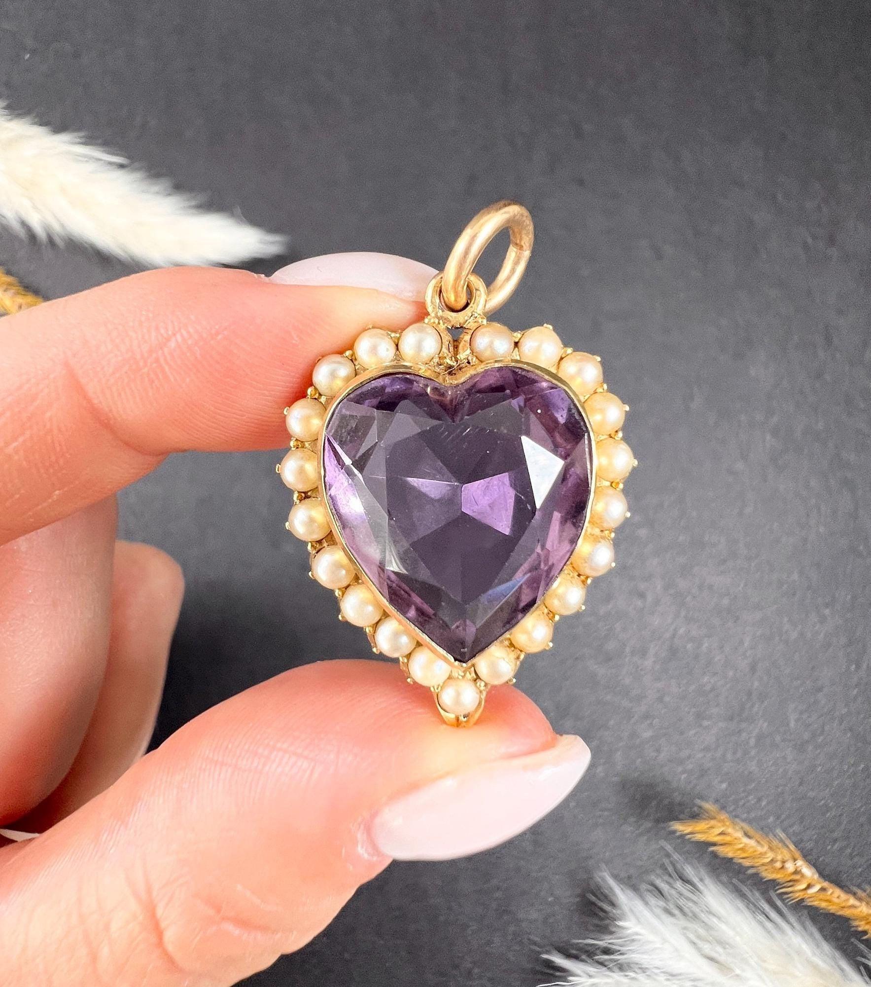 Pendentif ancien en or 15ct, améthyste et perles de rocaille de style édouardien en vente 1